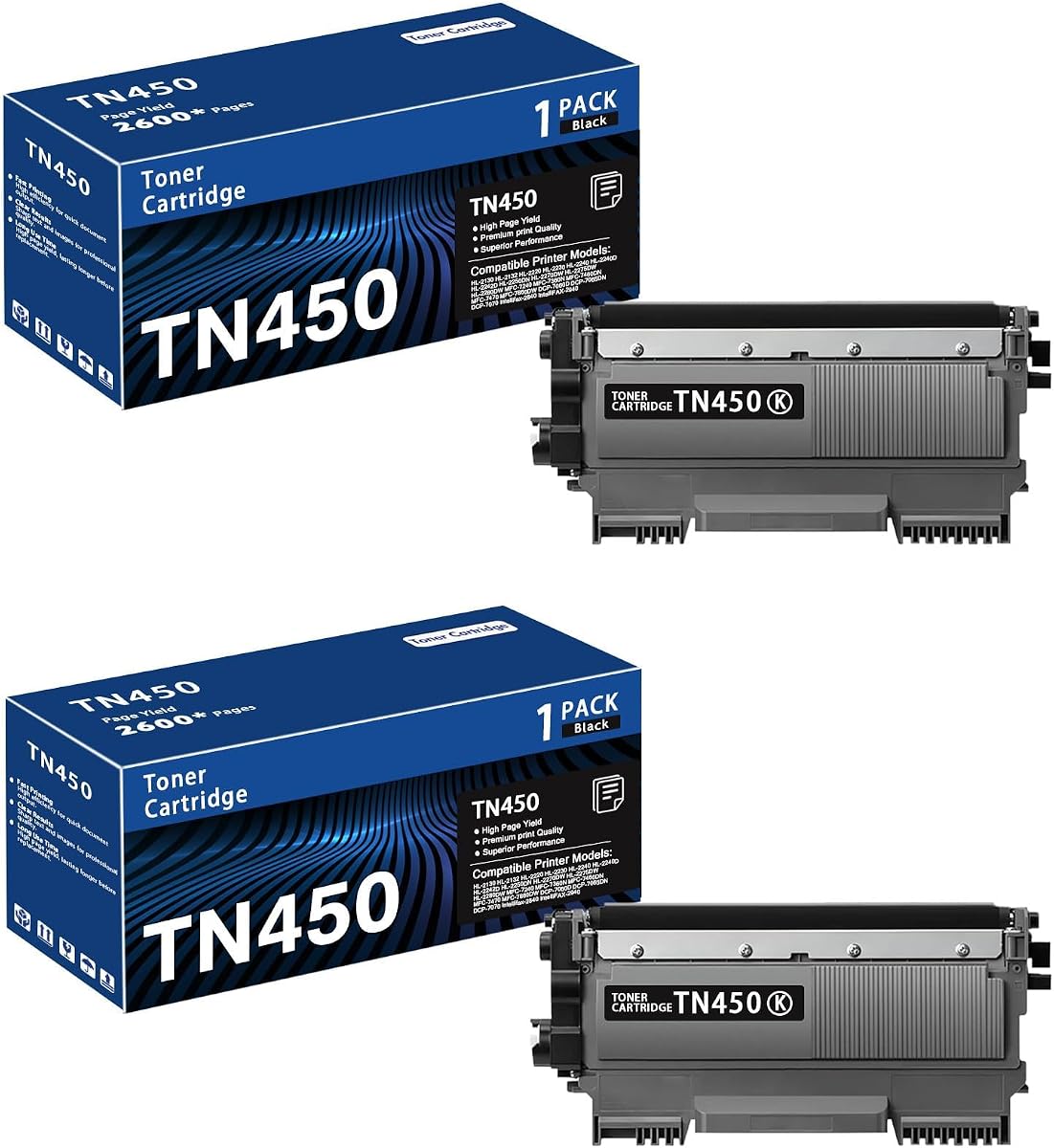 Cartucho de tóner negro TN450 de alto rendimiento compatible con Brother TN450 (paquete de 2) | HL-2270DW HL-2280DW MFC-7360N MFC-7860DW DCP-7065DN Tóner para impresora