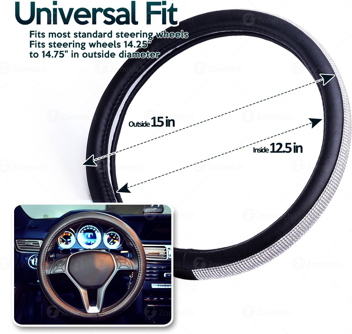 Car Crystal Bling Wheel Cover- Zone Tech Shiny Steering Wheels- Anti-Slip Rhinestones PU Leather Backing- Bling Shiny Diamond Wheel Protector