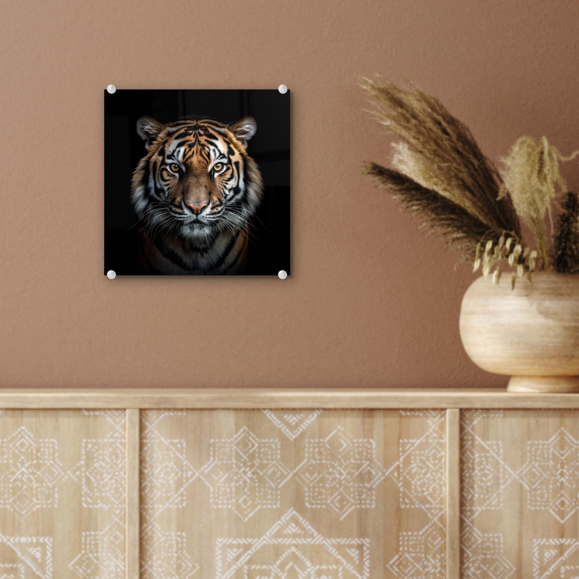 MuchoWow© Tableau en Verre 40x40 cm Déco Murale Salon Décoration Chambre Peinture Murale Déco pour la Maison Art Mural Tigre - Animaux - Noir - Portrait