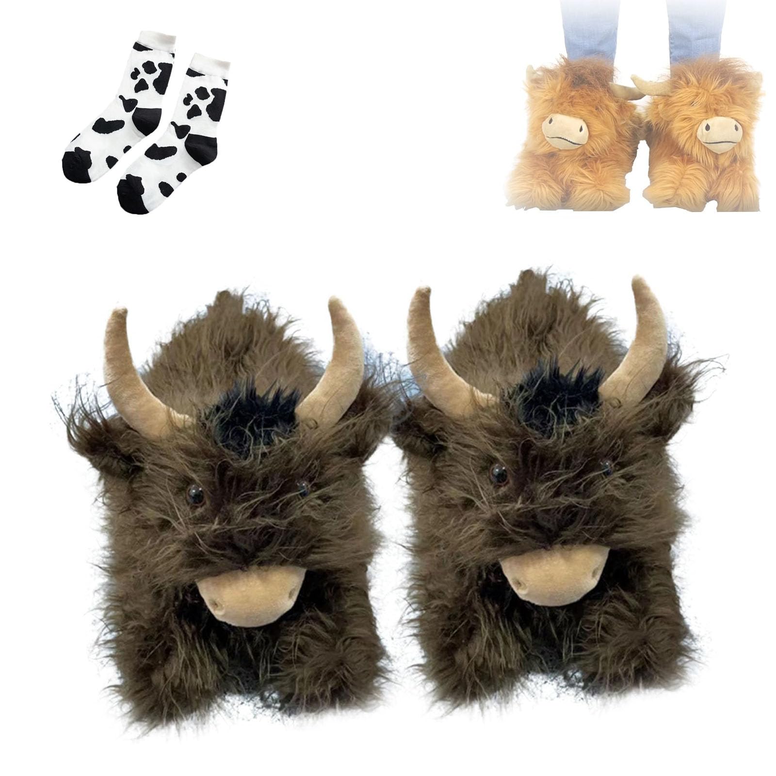 Highland Cow Slippers, Plush Scottish Cow Slippers, Soft Warm Cartoon Cow Slides House Slippers (Dark brown, 41/44 EU)