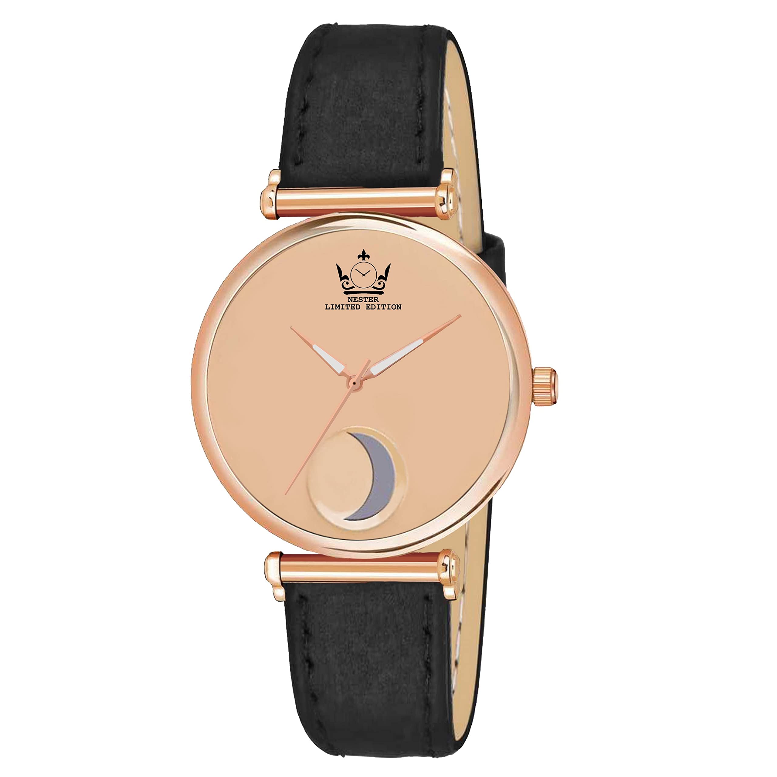 Nester Leather Strap Moon Designed Girls and Women Analog Watch (R G-BlackBlet)