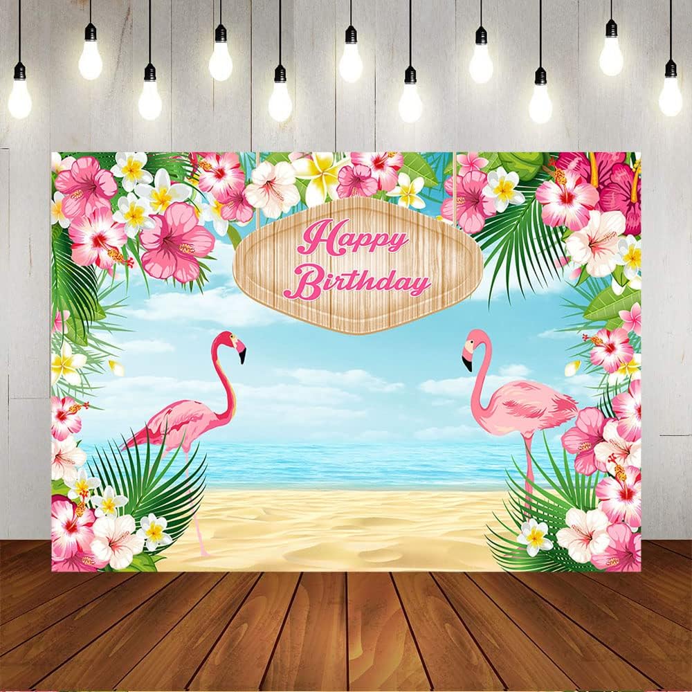 Avezano Summer Flamingo Backdrop Tropical Pink Flamingo Birthday Party Background Hawaiian Beach Sea Aloha Flamingle Birthday Decorations Photoshoot Props (7x5)
