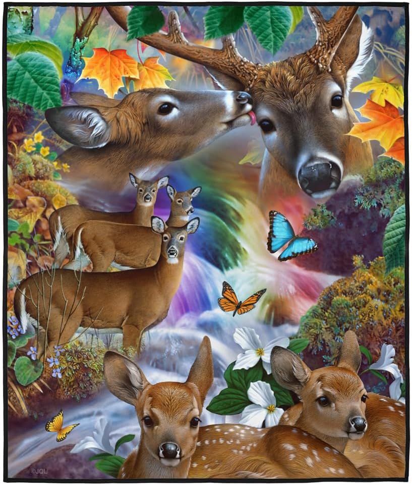 LOGOVISION JQ Licensing - JG-JP Picnic Outdoor Blanket, 50"x60" Forest Stream Deer and Butterflies, Foldable Blanket for Picnic, Beach, Camping, Park, Tailgate