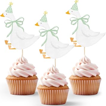 Reallnaive 12 Pcs Silly Goose Themed Cupcake Toppers Funny Silly Goose Party Decoration Geese Cake Toppers for Girls Boys Baby Shower Birthday Party SuppliesGeese,Green