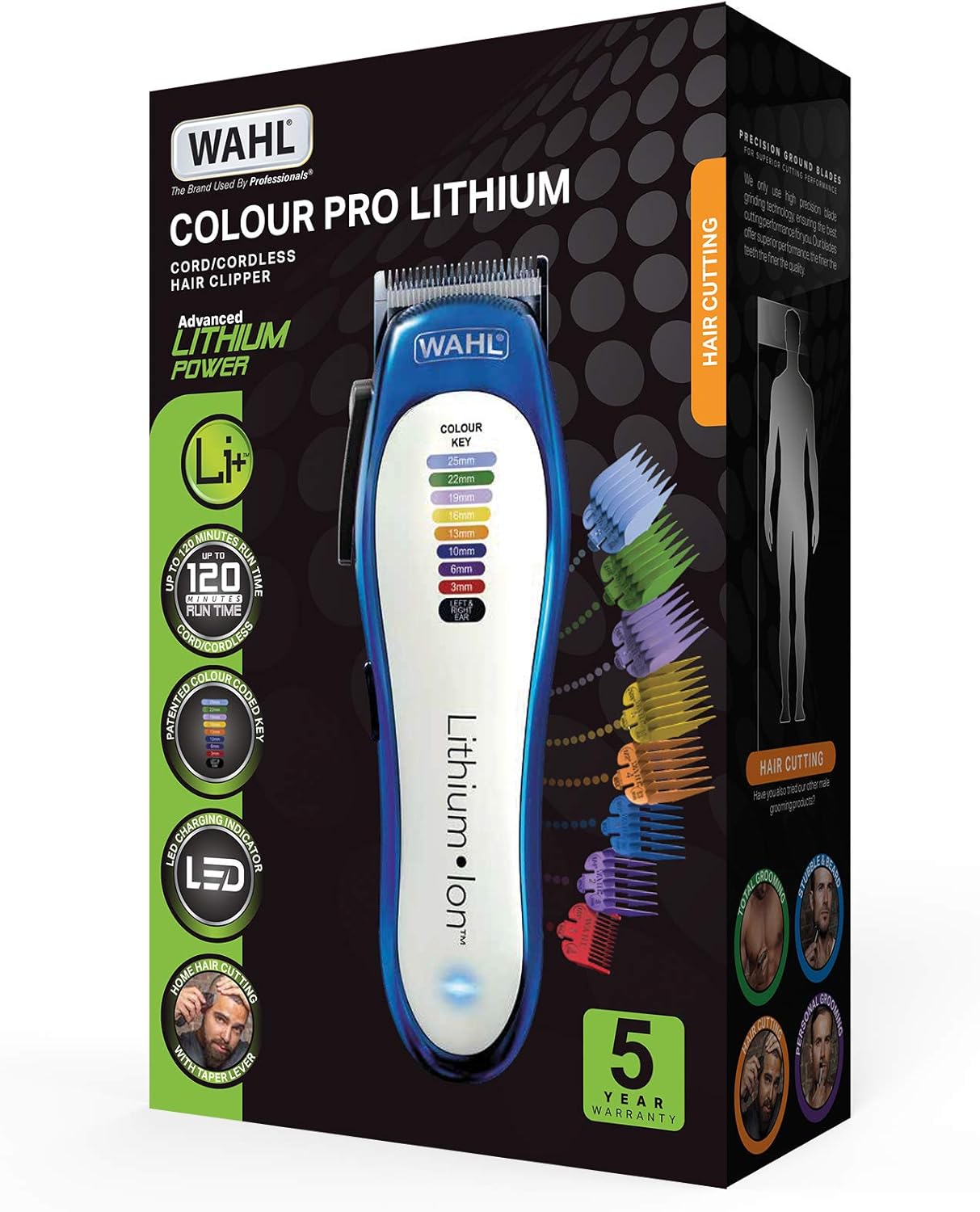 Wahl Colour Pro Lithium Hair Clipper product box showing 5 year warranty
