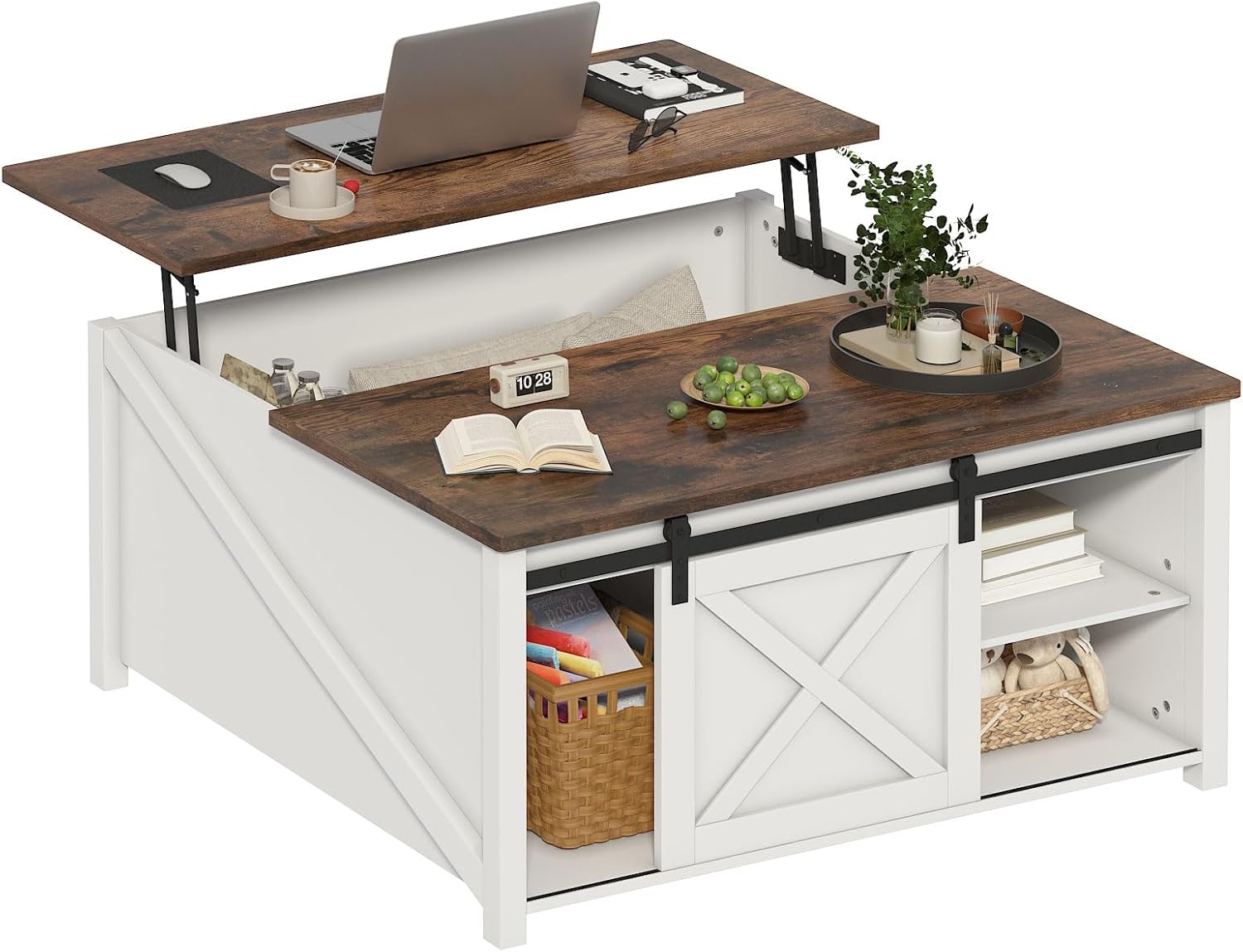 PUKAMI Lift Top Coffee Table with Storage, 31.5″ Farmhouse Coffee Table for Living Room, Square Coffee Tables with Large Hidden Storage and Sliding Barn Doors, White