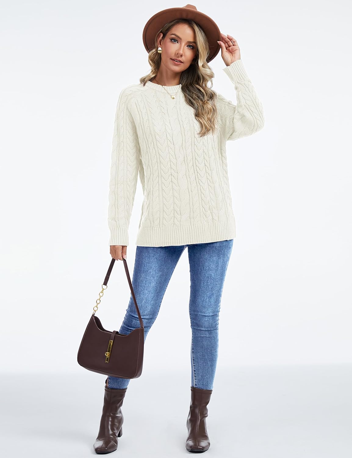 YUCOLEN Women's Chunky Cable Knit Pullover Sweater Crewneck Loose Vintage Casual Fall Long Sleeve Old Money Sweaters - Image 7