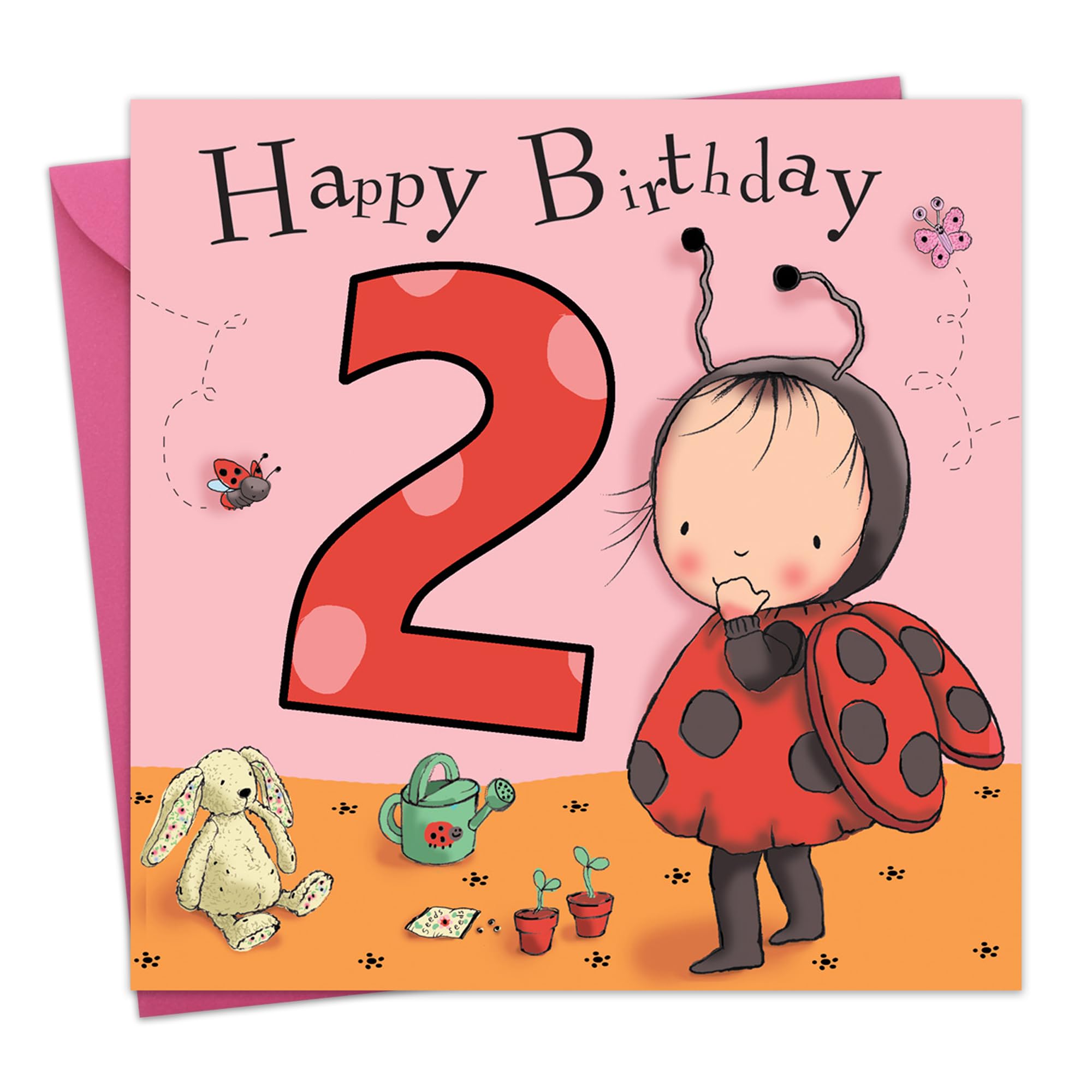 Twizler 2nd Birthday Card for Girl with Ladybug - Girls Age 2 Year Old Childrens Happy Birthday Card Gifts