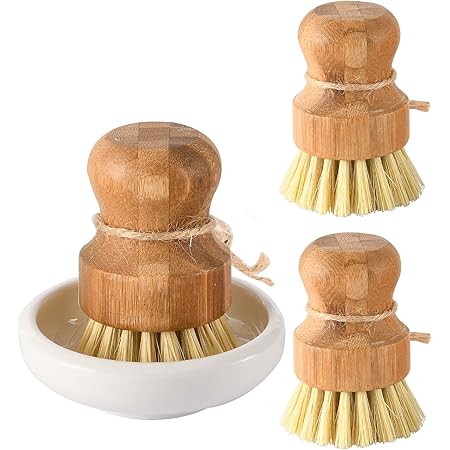 Bamboo Dish Scrub Brushes by Subekyu, Kitchen Wooden Cleaning Scrubbers Set for Washing Cast Iron Pan/Pot, Natural Sisal Bristles, Set of 3