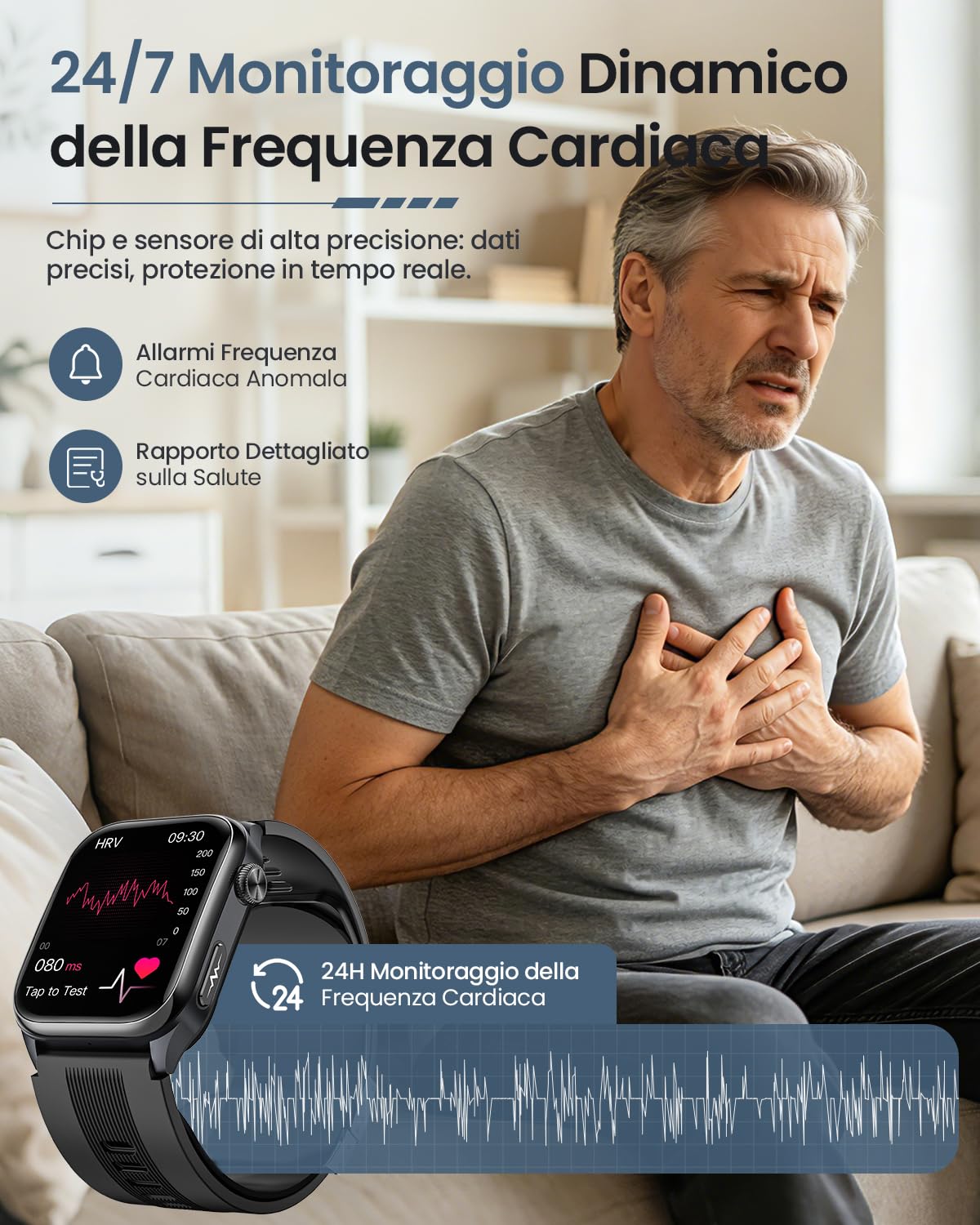 FOSMET S101 Smartwatch Uomo Pressione Sanguigna, Airbag, ECG, HRV, Nero