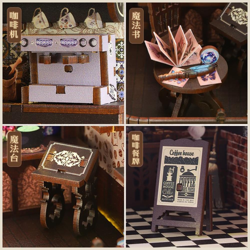 DIY Miniature Coffee Shop Book Nook Kit, LED Light, Dollhouse Model 3D Puzzle, Assembly Bookend for Adult