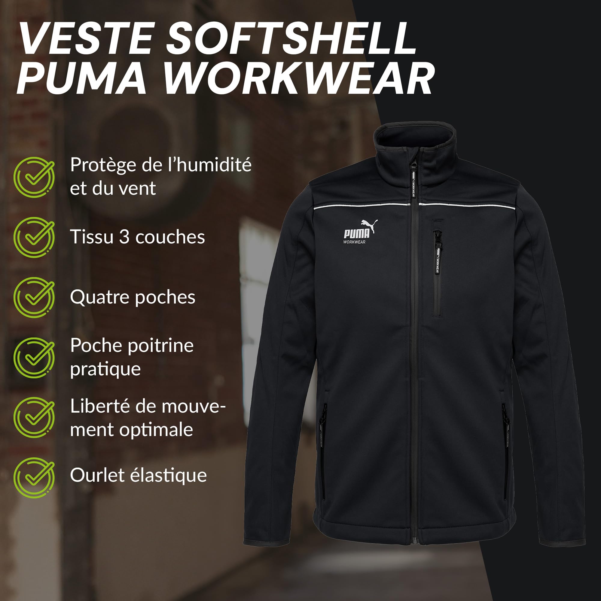 PUMA WORK WEAR Veste de travail de qualité supérieure - Veste softshell en tissu robuste et réflecteurs