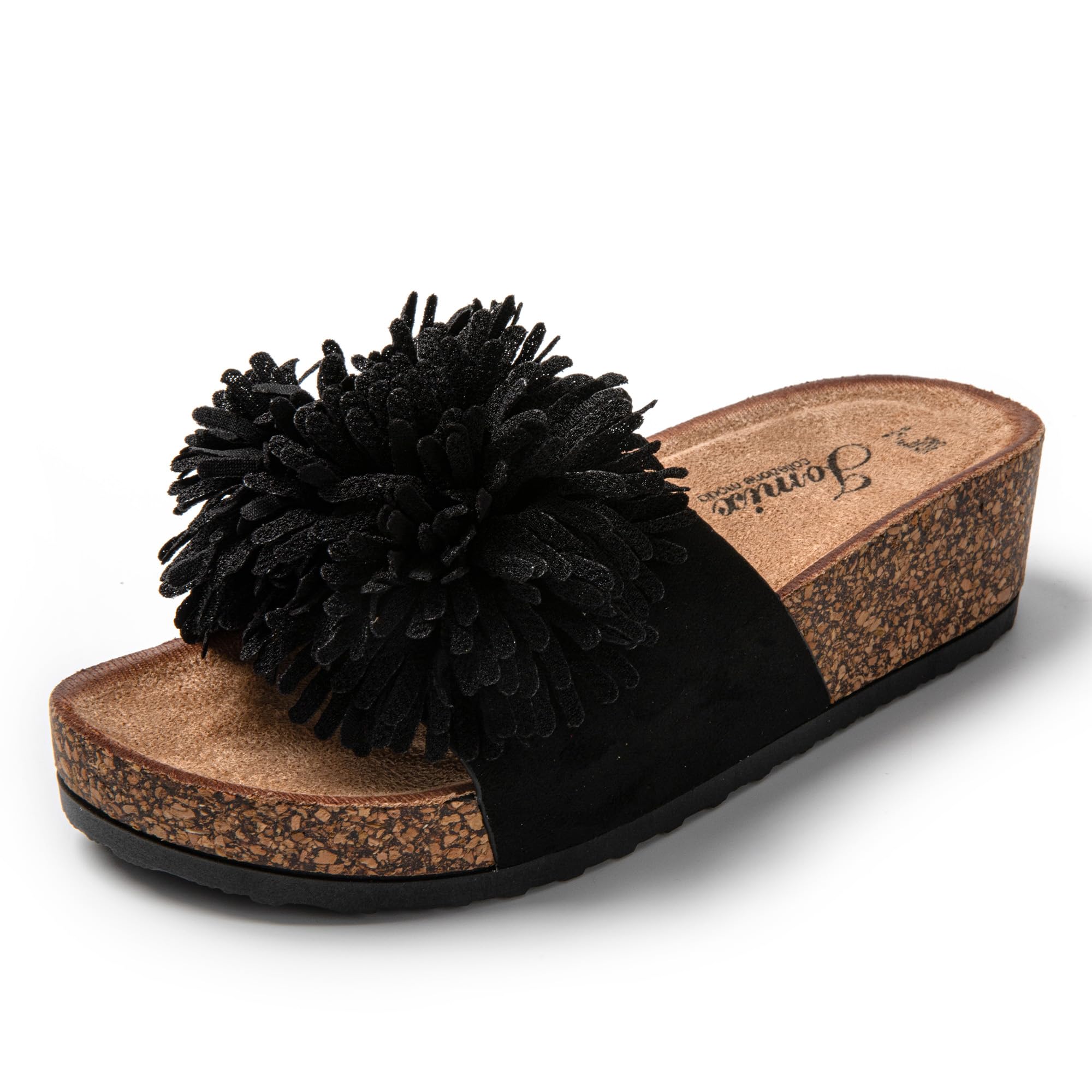 JOMIX Pantoletten Damen Sommer Sandalen mit Kork Fußbett Elegant Flach Strandsandalen Weiche Blumen Wandern Meer Strand Slipper