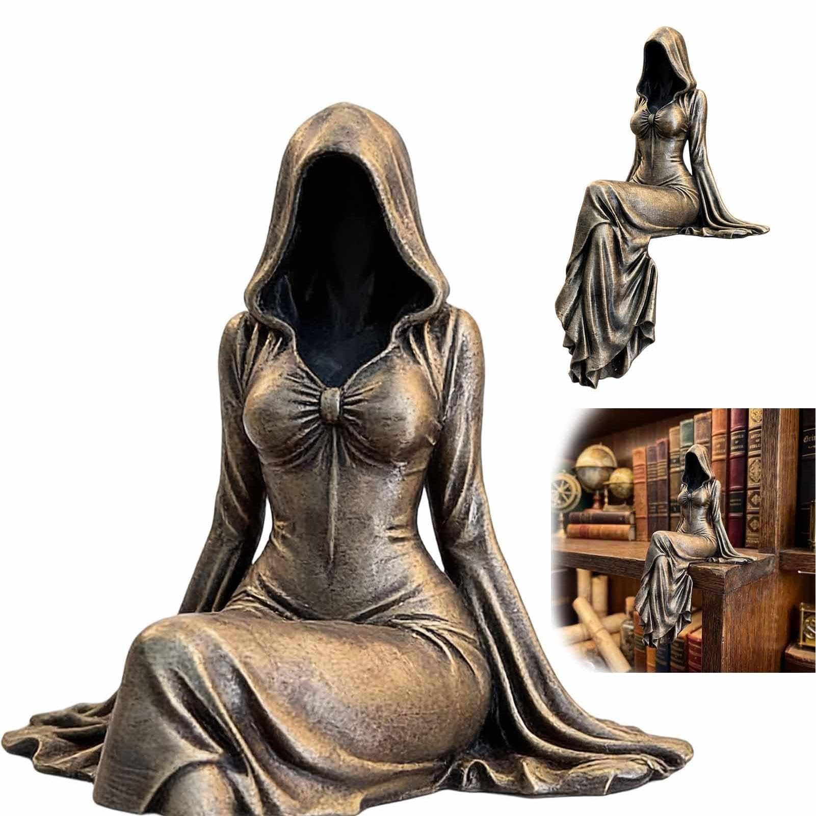 Wunuii Lady Reaper - Ethereal Hooded Figure Sculpture, Gothic Ethereal Sitting Statue, Mysterious Faceless Ghost Resin Figurine, For Home Office Bedroom Halloween Decor