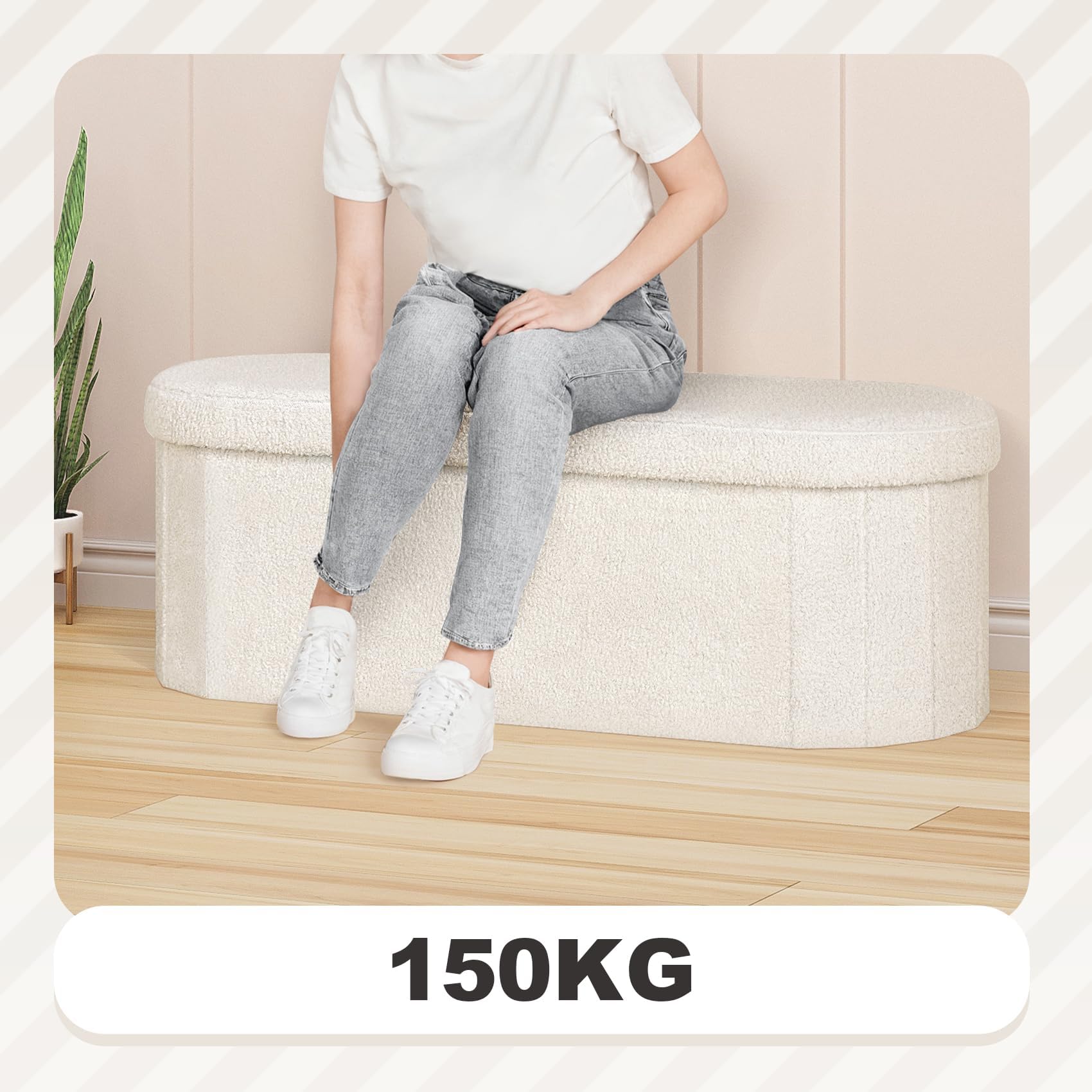 PINPLUS Sitzbank mit Stauraum, Ovales Design, 110x38x38cm, Cremeweiß