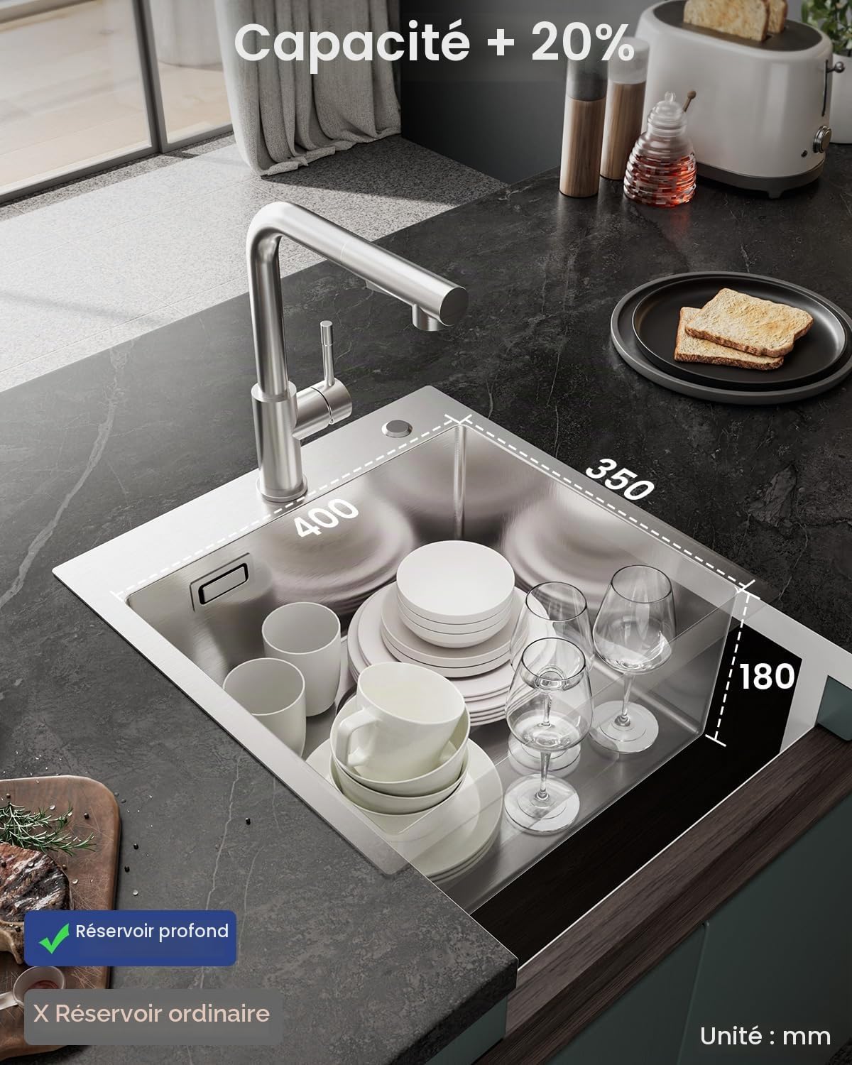 Évier de Cuisine, 45 x 45 cm, Rectangulaire, en Acier Inoxydable 304, avec Siphon, Lavabo de Cuisine, pour Armoires Inférieures à Partir de 45 cm de Large, 1 Evier Encastrable en Acier