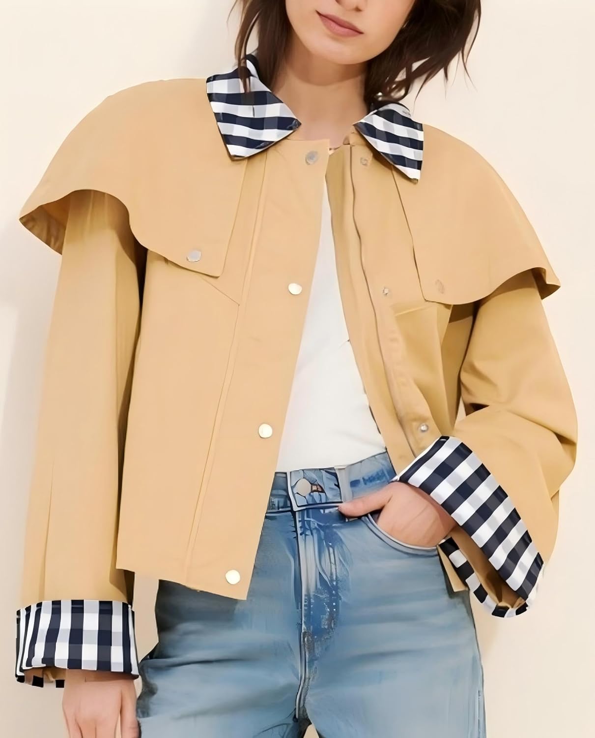 Women’s Gingham Trim Cape Jacket Lightweight Cotton Cropped Trench Coat with Snap Button and Contrast Cuffs - Image 4