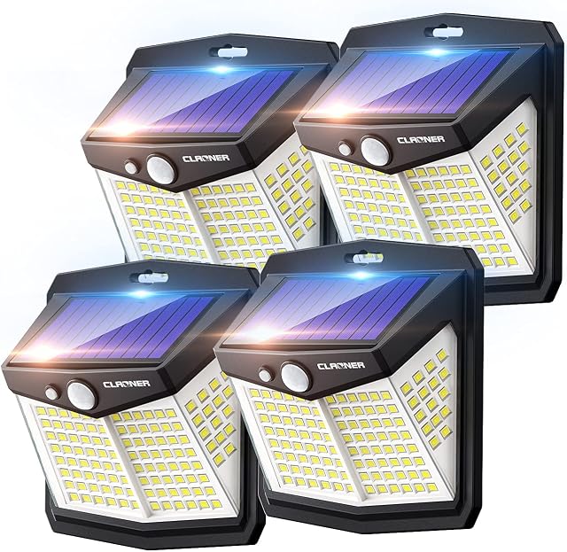 Solar Lights Outdoor, Claoner 128 LED Solar Motion Sensor Security Lights with 3 Lighting Modes IP65 Waterproof Durable Solar Powered Wall Lights 270°Lighting Angle for Yard Door Fence Pathway(4 Pack)