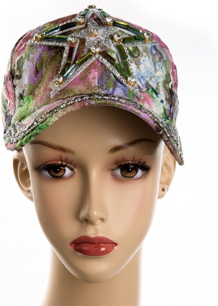 Ladies Novelty Fashion Hat Cap Multi Colored Flower Pattern Jewel Crystal Bling Rhinestone Casual Cap Sparkle Glitter Studded Rhinestone Adjustable Baseball Cap Hat-Various Styles(9)