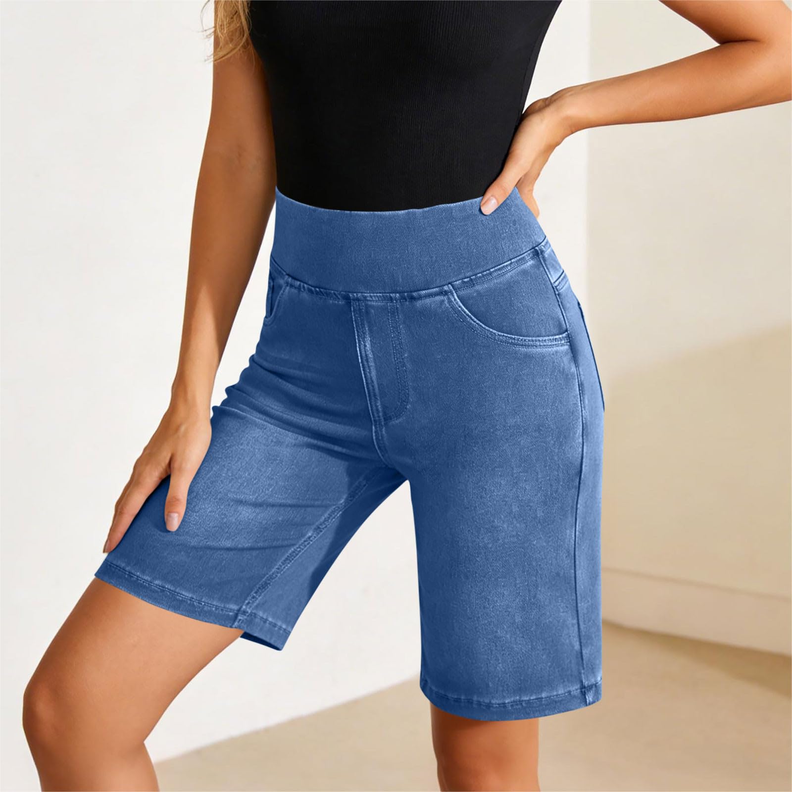 Short Femme Jeans Chic Mode Hot Pants Décontracté Élastique Taille Short Jean Femme D'été Amincissant Bermuda Baggy Taille Haute Vêtements Couleur Unie Pantalon Court avec Poches Tailles S à XXL