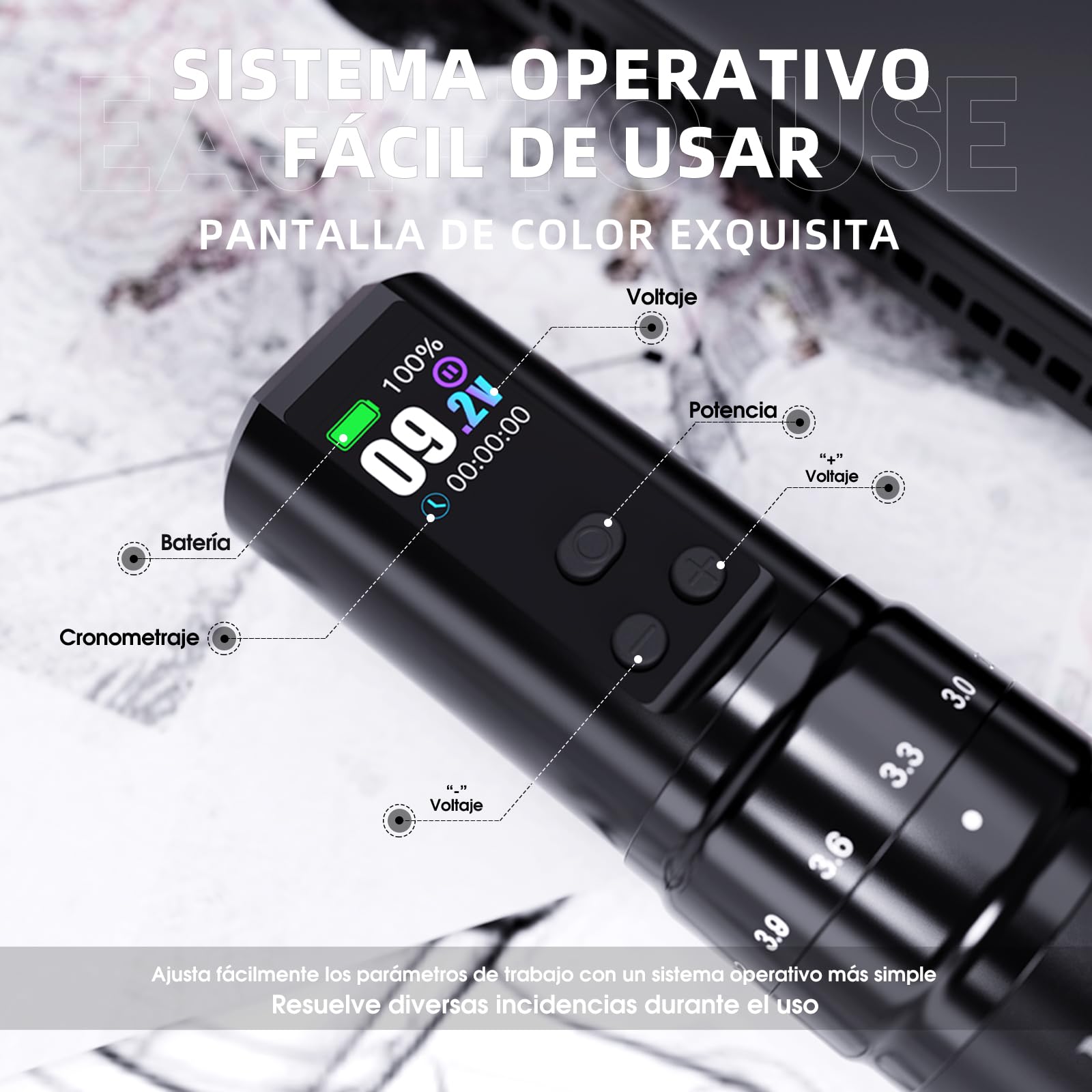 Mast Fold2 Pro Pen Máquina de Tatuaje Rotary Inalámbrica Tattoo Gun 7 Stroke Length de Batería 2000mAh Powerful Motor by Mcore Smart Display Screen para Artistas Profesionales (WQP-076-10YMX)