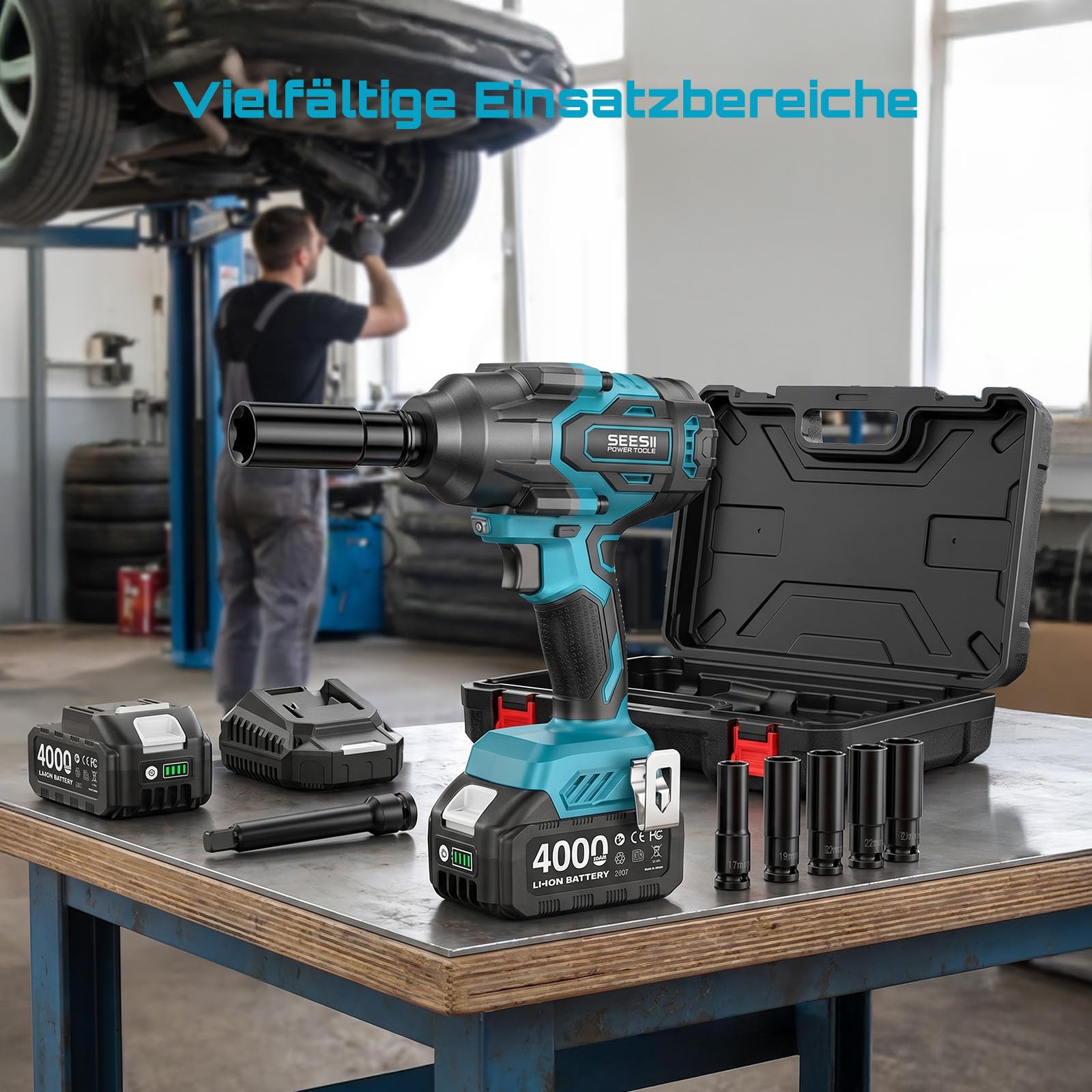 Seesii 1200 N·m Akku Schlagschrauber, 1/2" Bürstenloser mit 21V 2x4,0Ah Akku, Hohes Drehmoment Schlagschrauber Akku & 5 Sockel und Fall Für Schraube und Mutter Auto LKW Reifen Removal