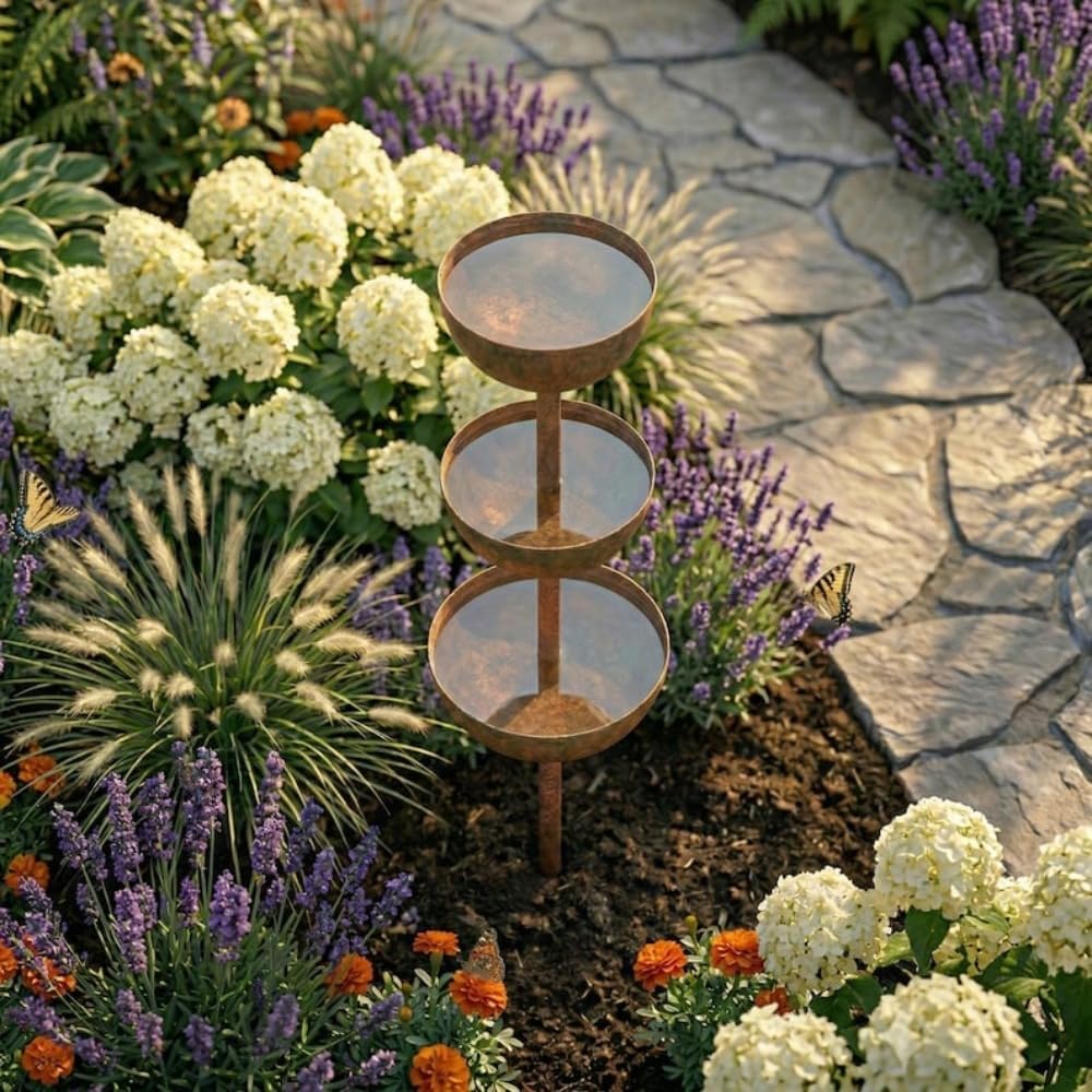 Rustic Metal Garden Bird Bath 70 cm Tall, Three Tier Cascading Birdbath with Weathered Iron Finish, Freestanding Outdoor Garden Decor for Birds and Butterflies