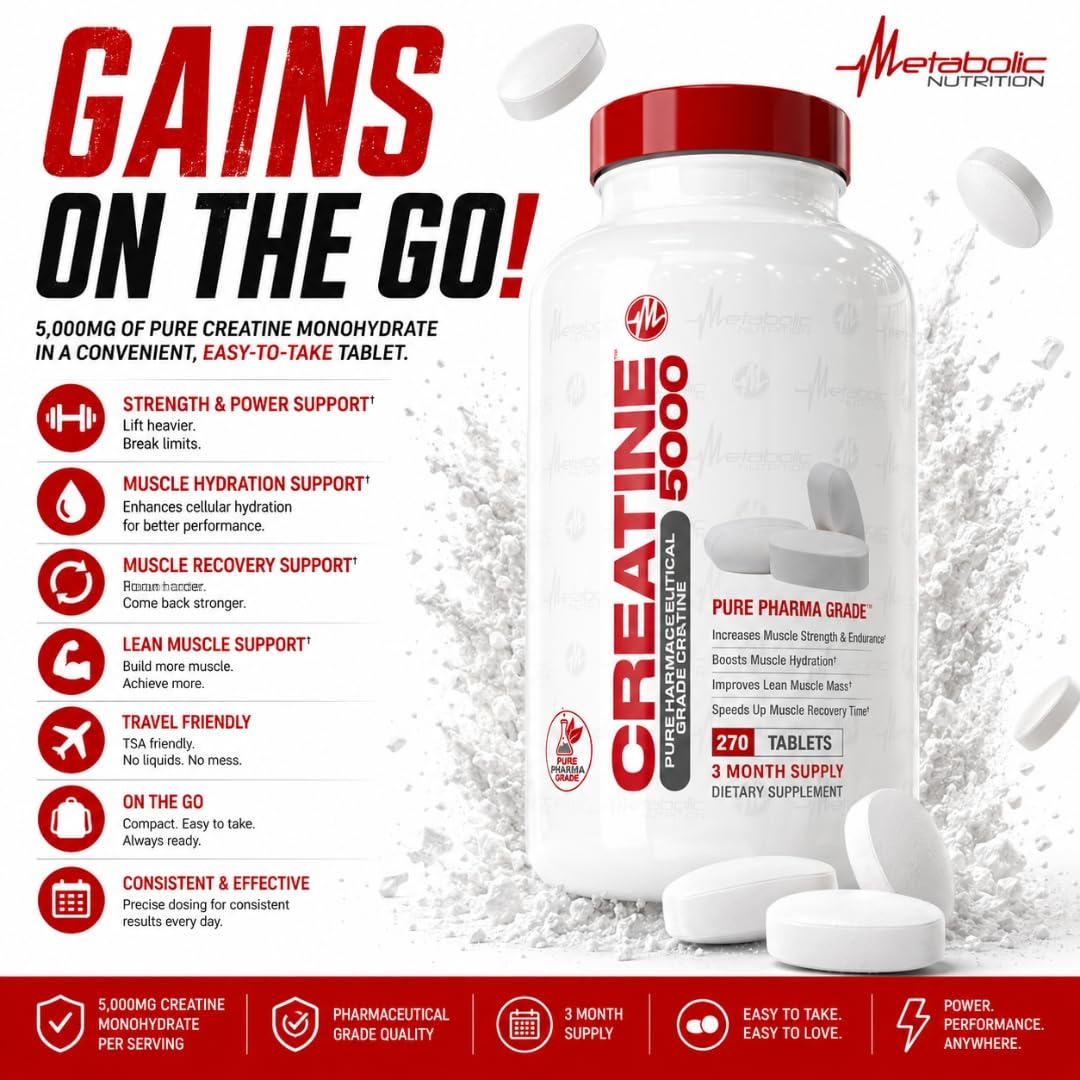 Metabolic Nutrition Creatine Monohydrate Tablets 5000mg - High Potency Creatine Pills for Muscle Growth & Strength – Pre Post Workout Energy Supplement for Women & Men, Non-GMO, Vegan 90 Tablets — Amazon image 4