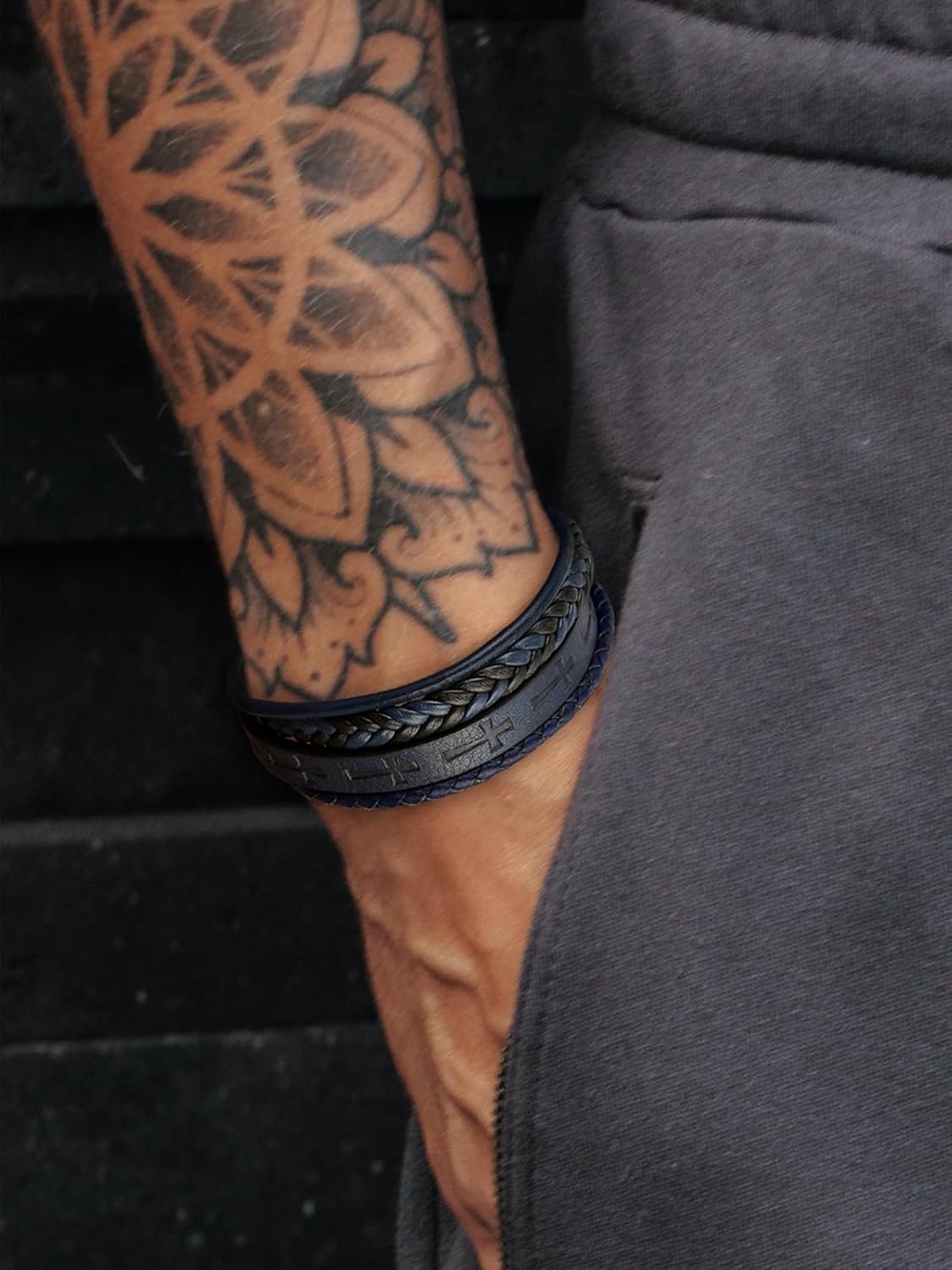 Mens Leather Cross Bracelet Multilayer Braided Wristband Bangle Bracelets with Stainless Steel Buckle Religious Gift for Men Brown/Black/Blue–8.3 inch - Image 3