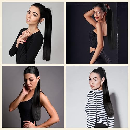 Miniatura 7 de Hairpieces sintético negro recto cola de caballo extensión de pelo largo recto con lazo para el pelo para las mujeres 34 pulgadas