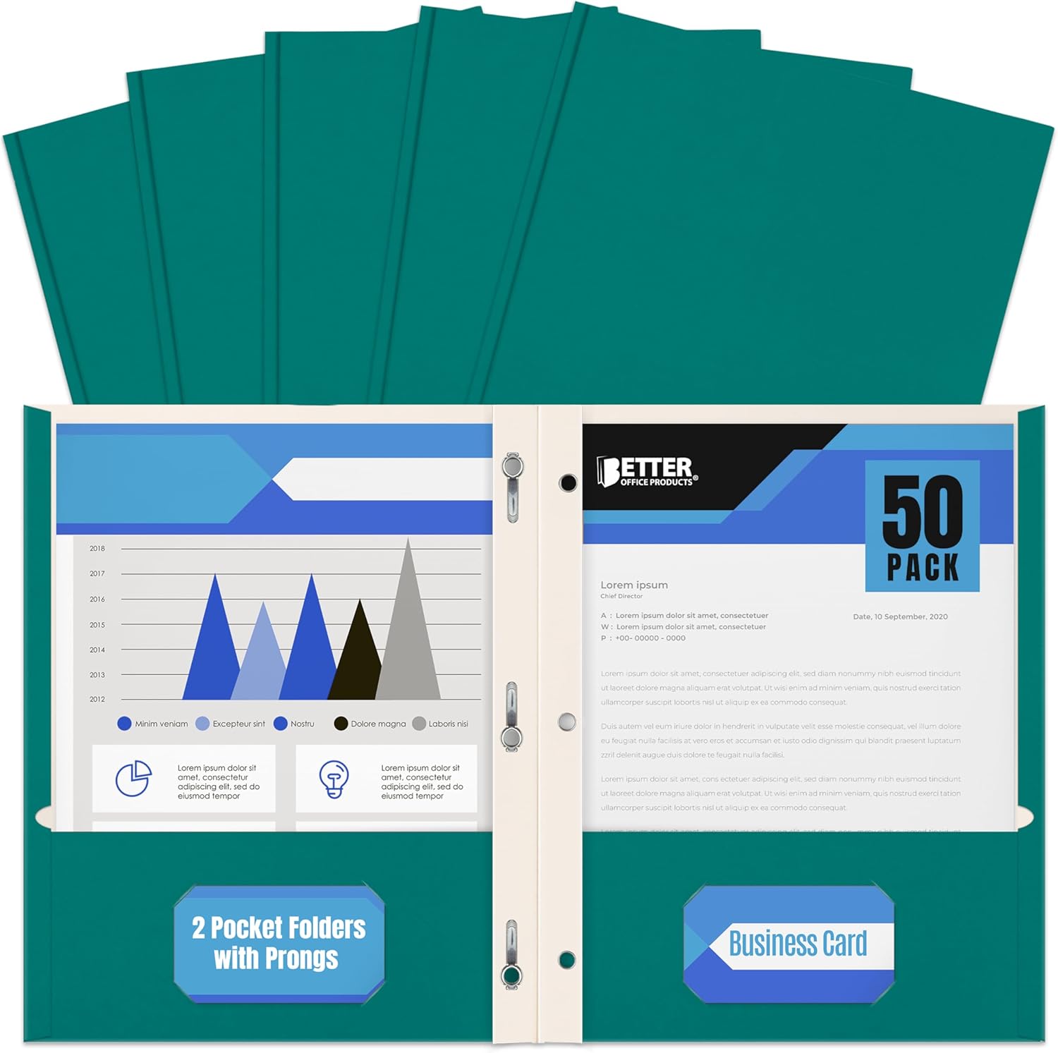 Better Office Products Teal Paper 2 Pocket Folders with Prongs, 50 Pack, Matte Texture, Letter Size Paper Folders, 50 Pack, with 3 Metal Prong Fastener Clips, Teal