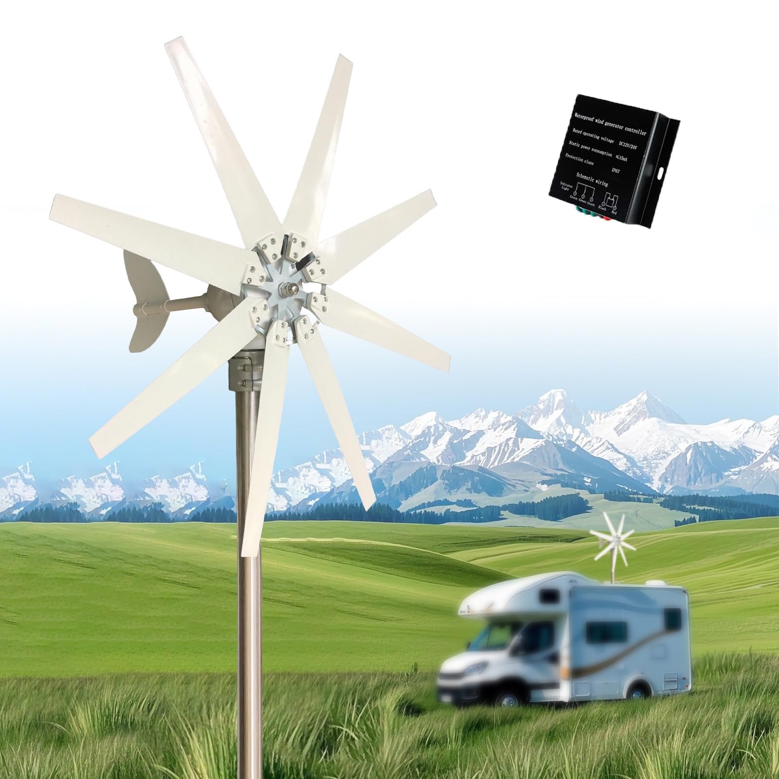 Generador de Turbina Eólica 12V/24V/48V 400W, Aerogenerador Horizontal 8 Cuchillas, Velocidad Nominal 13m/s, con Controlador para Hogar, Chalets 48V