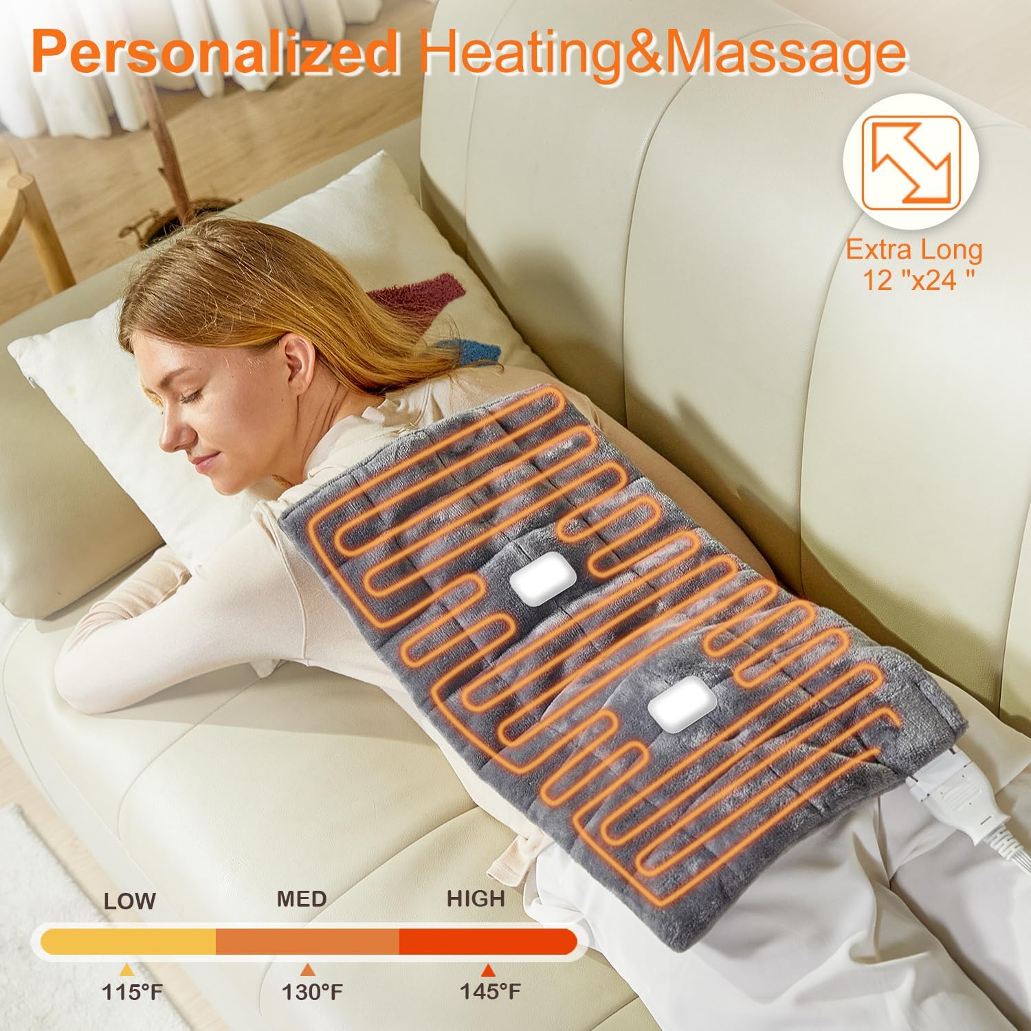 Massaging Heating Pad for Back Pain Relief, 12"x24" Weighted Heating Pads with Massager for Neck/Shoulder/Leg 2.86 Lbs Electric Heated Pad,9 Massage Modes &3 Heat Levels(Grey)