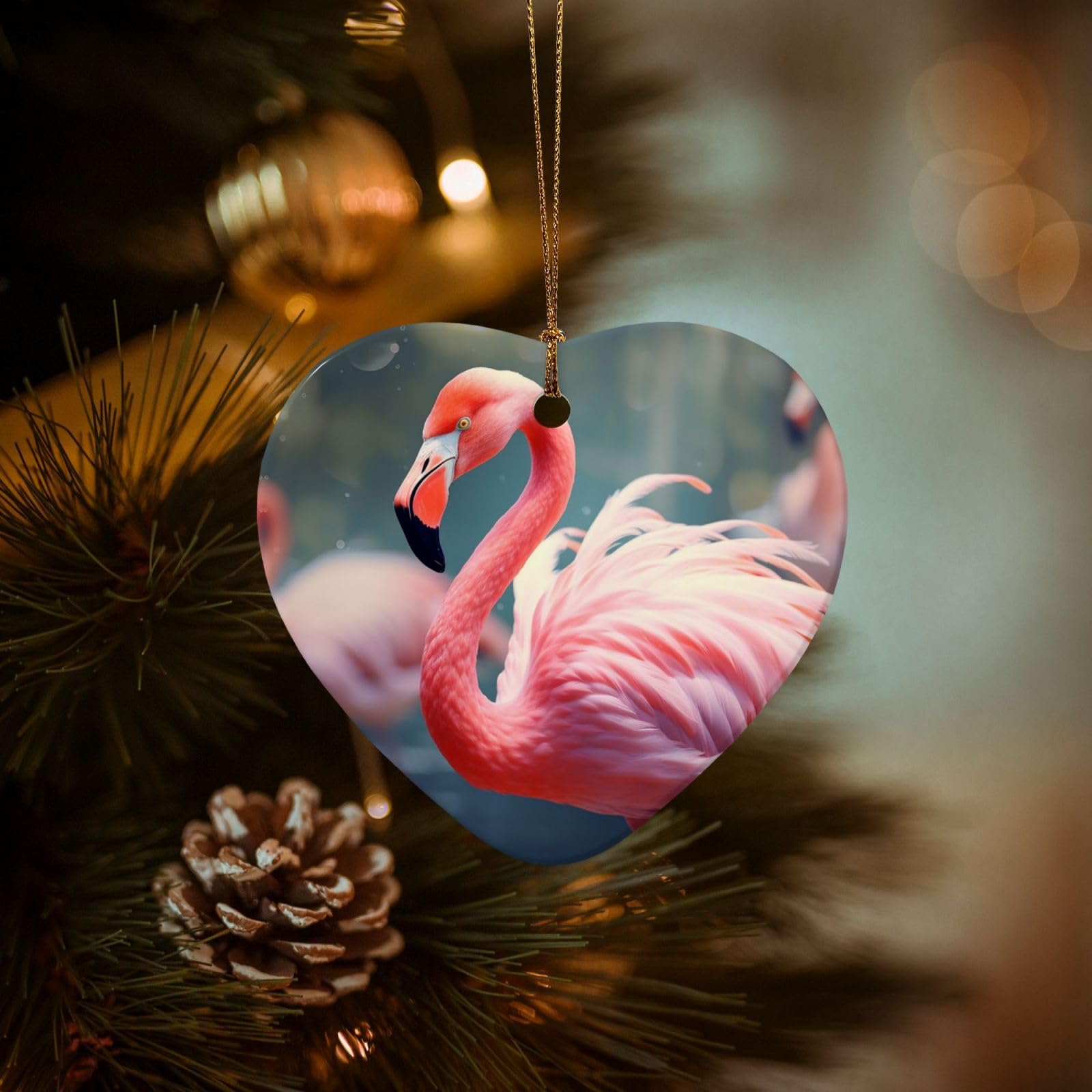 Christmas Tree Ornaments Ceramics Christmas Decorations Pink Flamingo Ornaments with Gold Ribbon Porcelain Xmas Tree Crafts Heart Shape Hanging Pendant for Christmas Tree Party Decor
