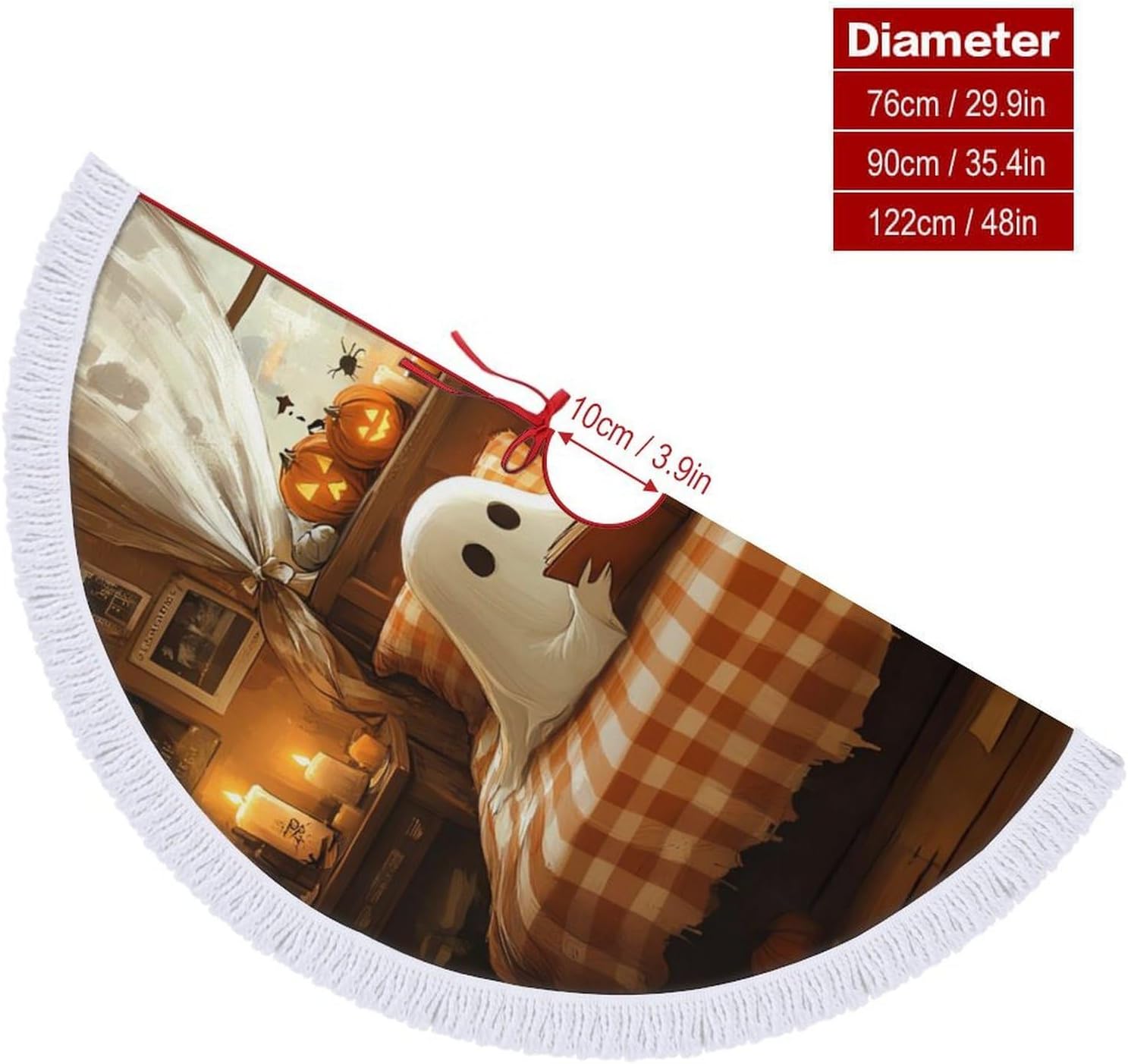 Ghost Reading Book Christmas Tree Skirt Round Xmas Tree Mat Ornaments Tree Skirts with Tassels for Holiday Party