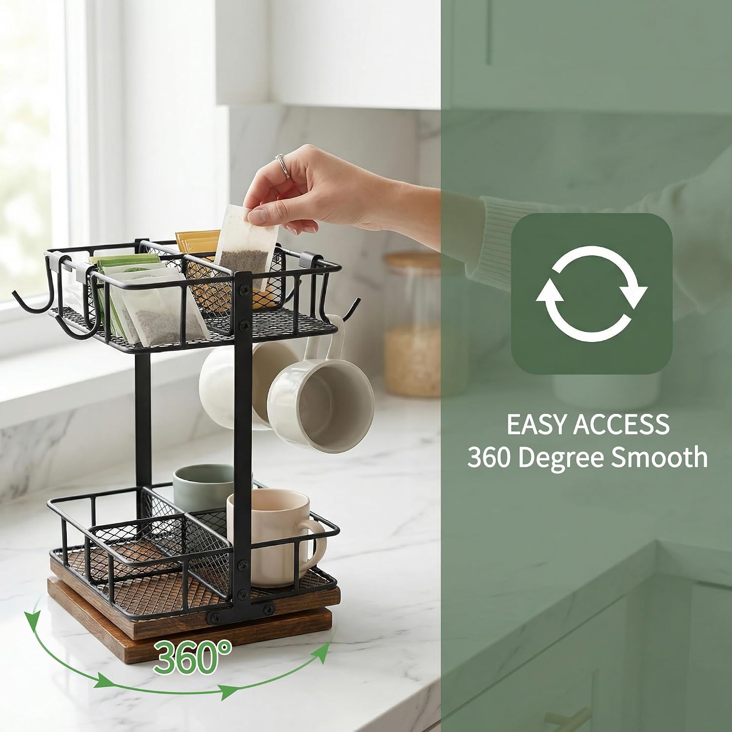 Rotating Tea Bag Holder with 360° Wooden Base, 2-Tier Tea Bag Organizer for Countertop, Teabag Caddy Stand with 4 Cup Hooks, Kitchen Coffee Bar Storage Rack image 2