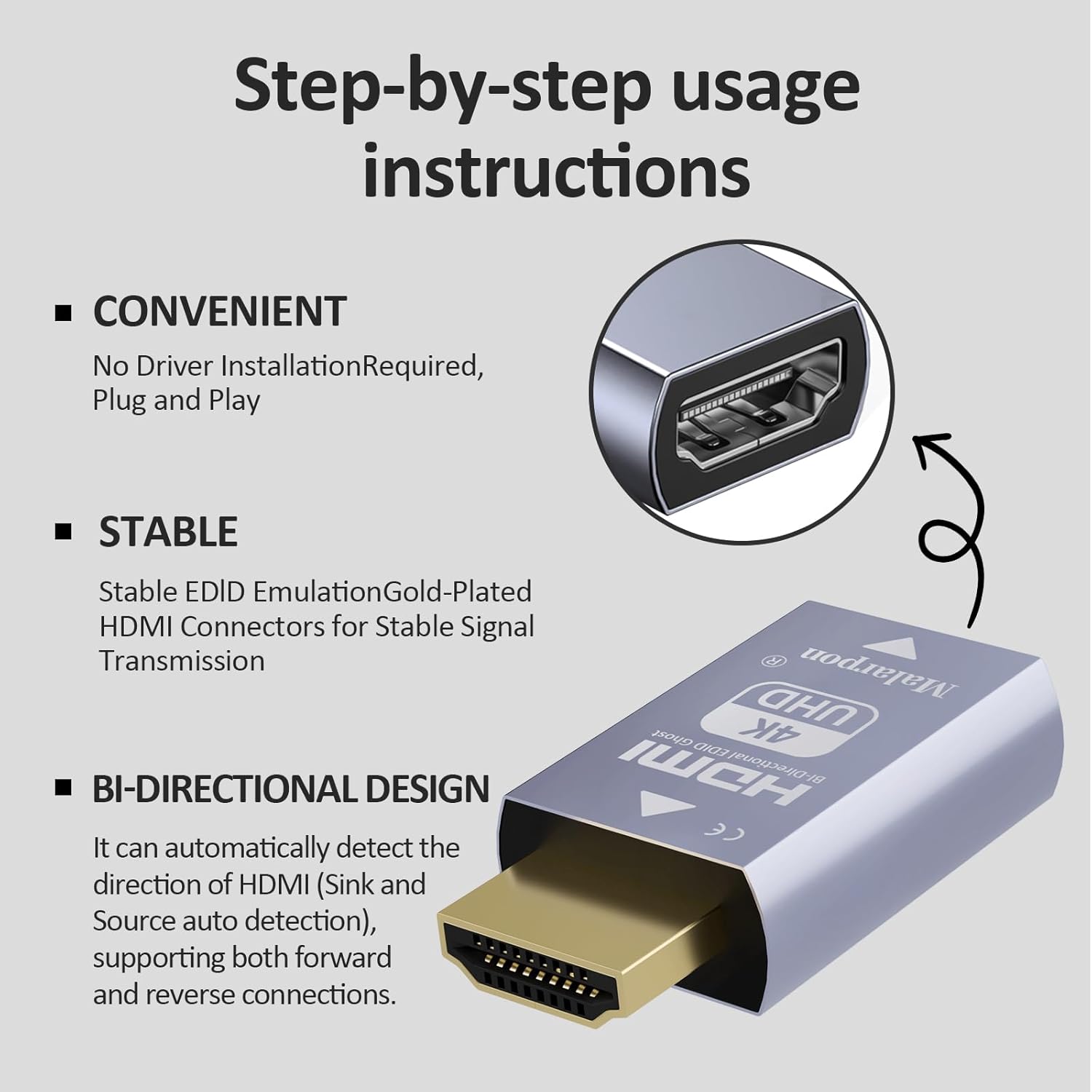 Hdmi Edid Emulator Passthrough 3rd Generrtion Aluminum fit Headlesskeep The EDID of The Monitor Active Switches and Extenders 3840x2160@59Hz 3P