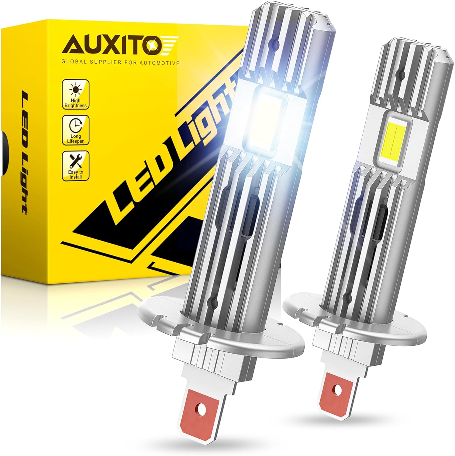 AUXITO H1 Bulbs, 600% Brighter 6500K White Illumination, Factory Halogen Size Match, Simple Plug and Play, 99% Vehicle Compatible, Pack of 2