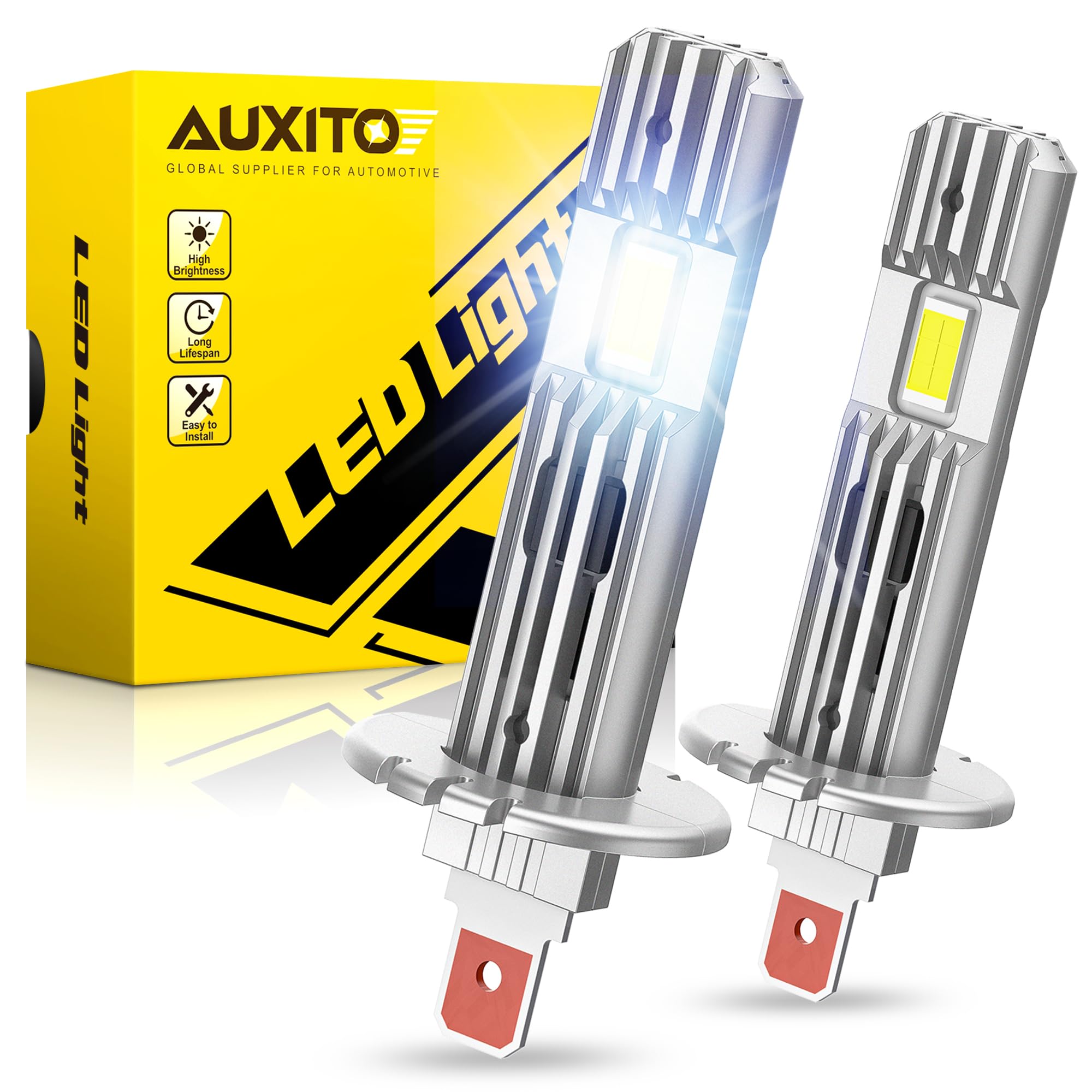 AUXITO Upgraded H1 LED Headlight Bulb, 500% Brighter 6500K White 1:1 Mini Size No Adapter Required, Non-Polarity, Fanless Conversion Kit for H1LL Headlights Hi/Lo Beam Fog lights, Pack of 2