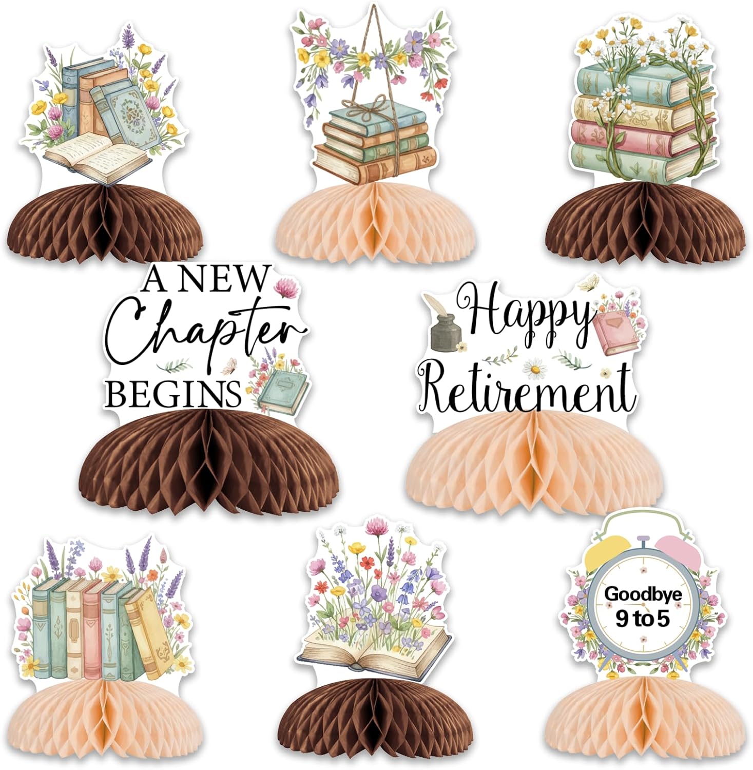 Kreatwow Storybook Retirement Party Decorations 8PCS A New Chapter Begins Honeycomb Centerpieces with Books Flowers and Happy Farewell Quotes Double-Printed Floral Table Decors for Women Celebration