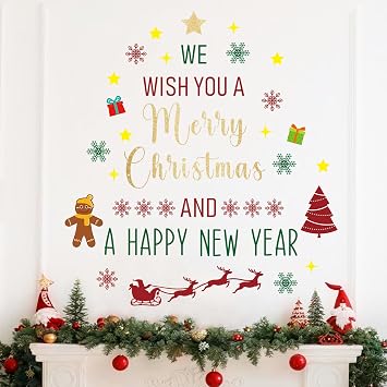 Christmas Wall Decals Stickers Decor Glitter Merry Christmas Tree Happy New Year Quote Decorations Holiday Seasonal Wall Art Decor for Home Office Classroom Party Ornaments
