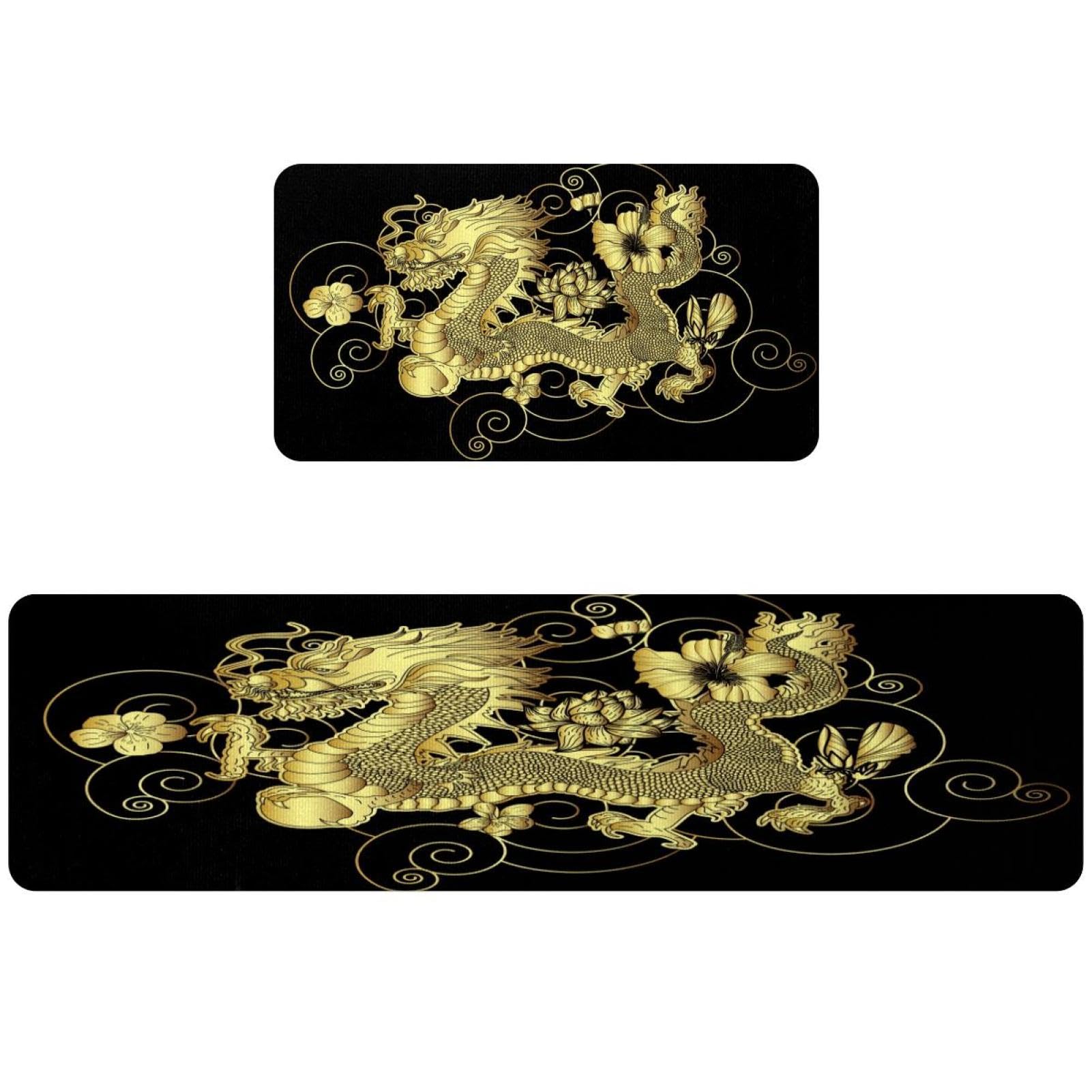 Tapete de cocina premium lavable de dos piezas con motivo de dragón floral