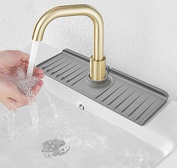 YATOISUR Sink Splash Guard 14.4 x 5.4 - Sink Faucet Mat with Faucet Water Catcher Mat & Soap Dish & Sponge Holder 3 in 1 - Silicone Faucet Handle Drip Catcher Tray for Kitchen RV & Bar Faucet, Grey