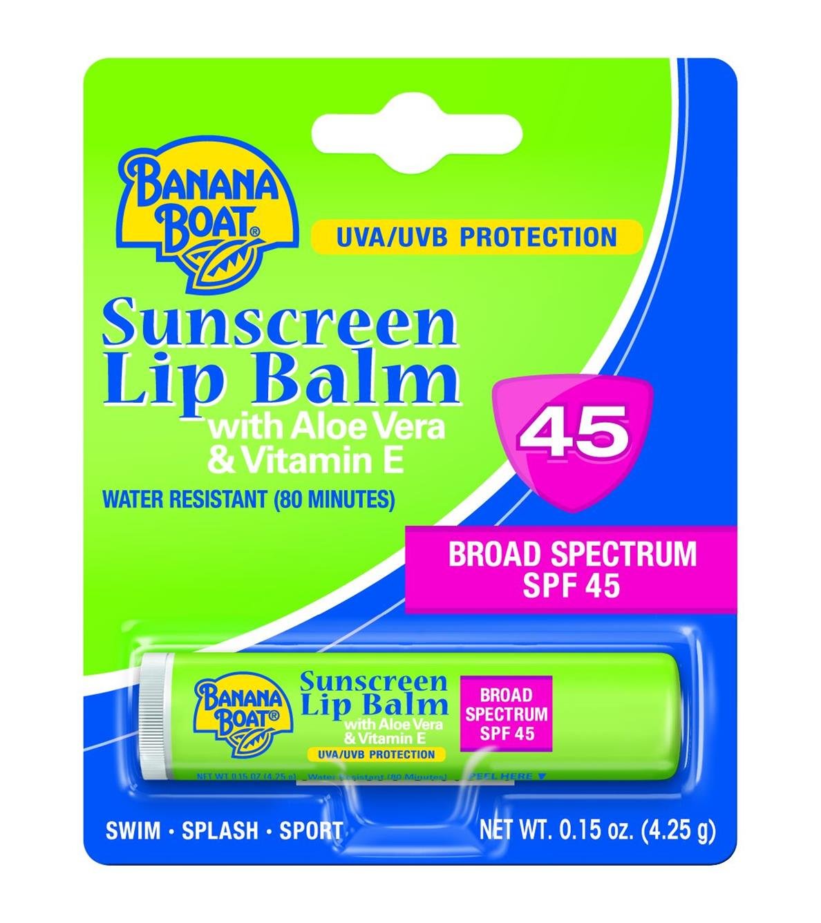 Banana Boat Sunscreen & Care Aloe Vera with Vitamin E Broad Spectrum Lip Balm - SPF 45, 0.15 Oz : Beauty & Personal Care