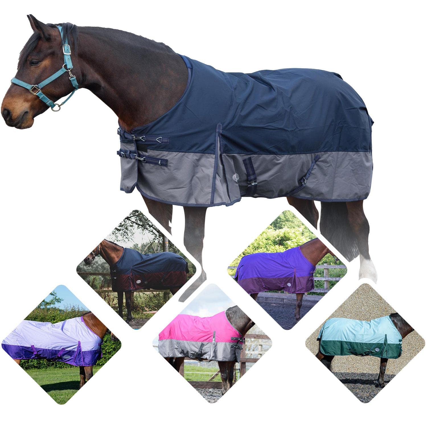 600D Lightweight Turnout Horse Rugs Regular Neck Teflon Coated |No Filling 0gsm | Nylon Lining Adjustable Leg Straps Cross Over Surcingles Rugs for Horse Navy/Grey 5'6"