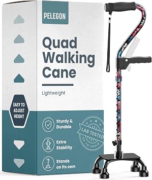 PELEGON Quad Cane 300LB - Adjustable Walking Cane with A Large 4 Pronged Base for Extra Balance & Stability, Walking Canes for Seniors, Walking Cane for Men & Women, Walking Sticks
