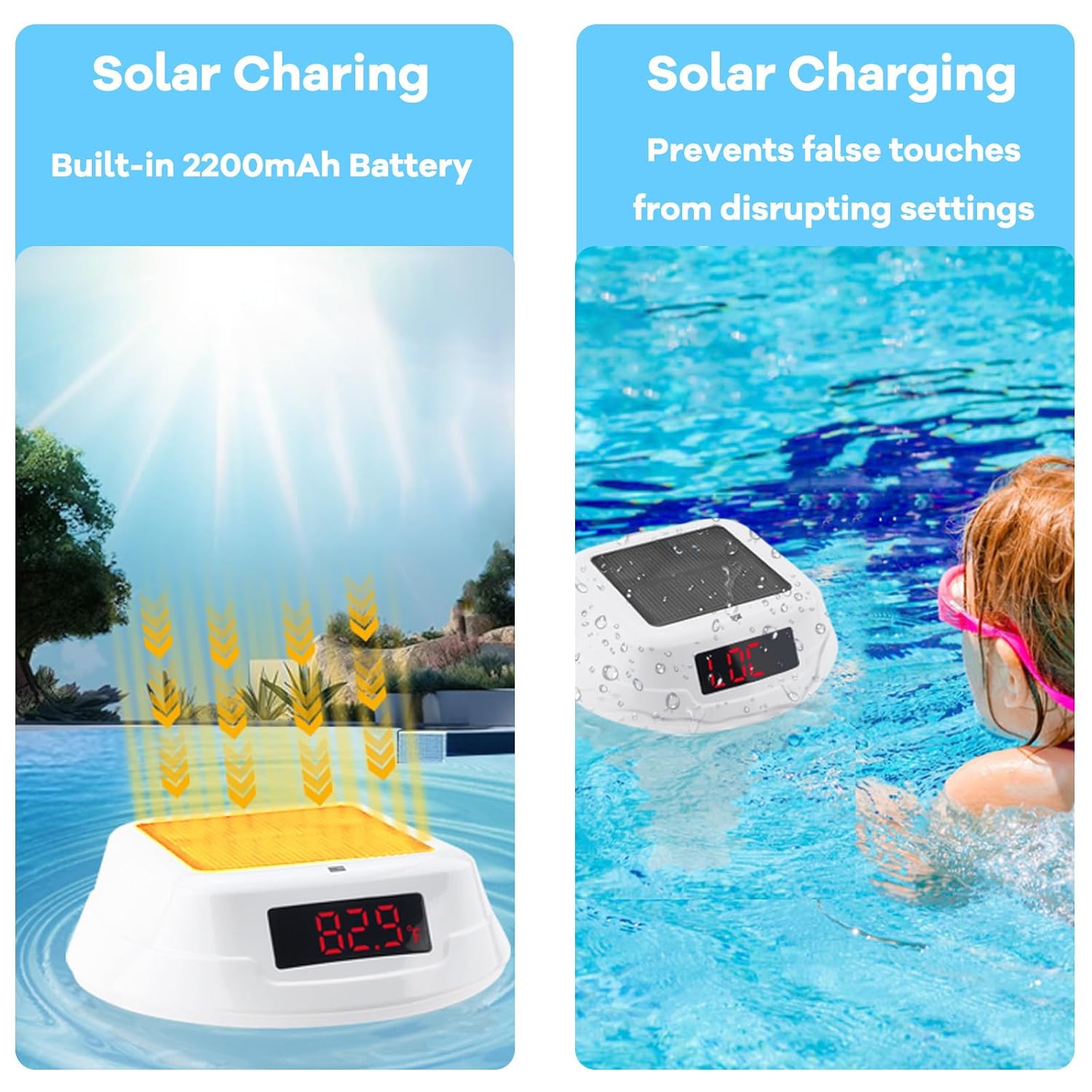 Wireless Floating Pool Thermometer, Digital Bath Thermometer with RGB Light, IP68 Solar Water Temperature Tester with Display Screen and Data Receiver for Swimming Pool Whirlpool Hot Tub(White)