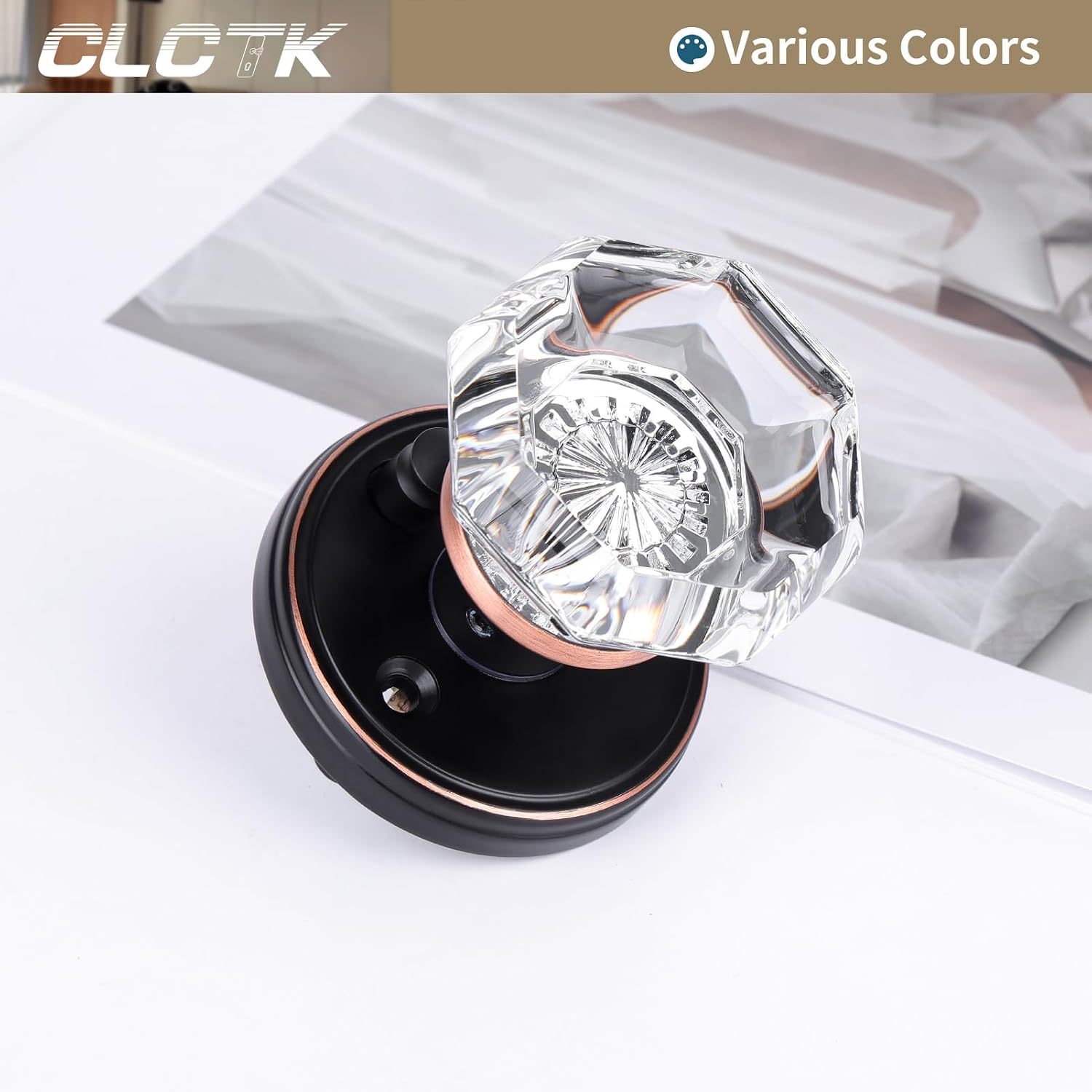 Glass Door Knobs Interior with Lock, Vintage Crystal Privacy Octagon Oil Rubbed Bronze Door Knobs for Bedroom Bathroom image 2