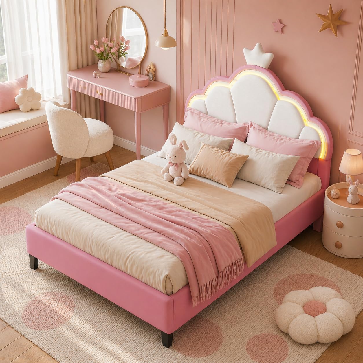 Cama infantil tapizada, 90 x 200 cm, cama infantil con LED, estructura individual de corona con somier, cabecero ajustable, tela aterciopelada (rosa, blanco y tela de terciopelo, 90 x 200)
