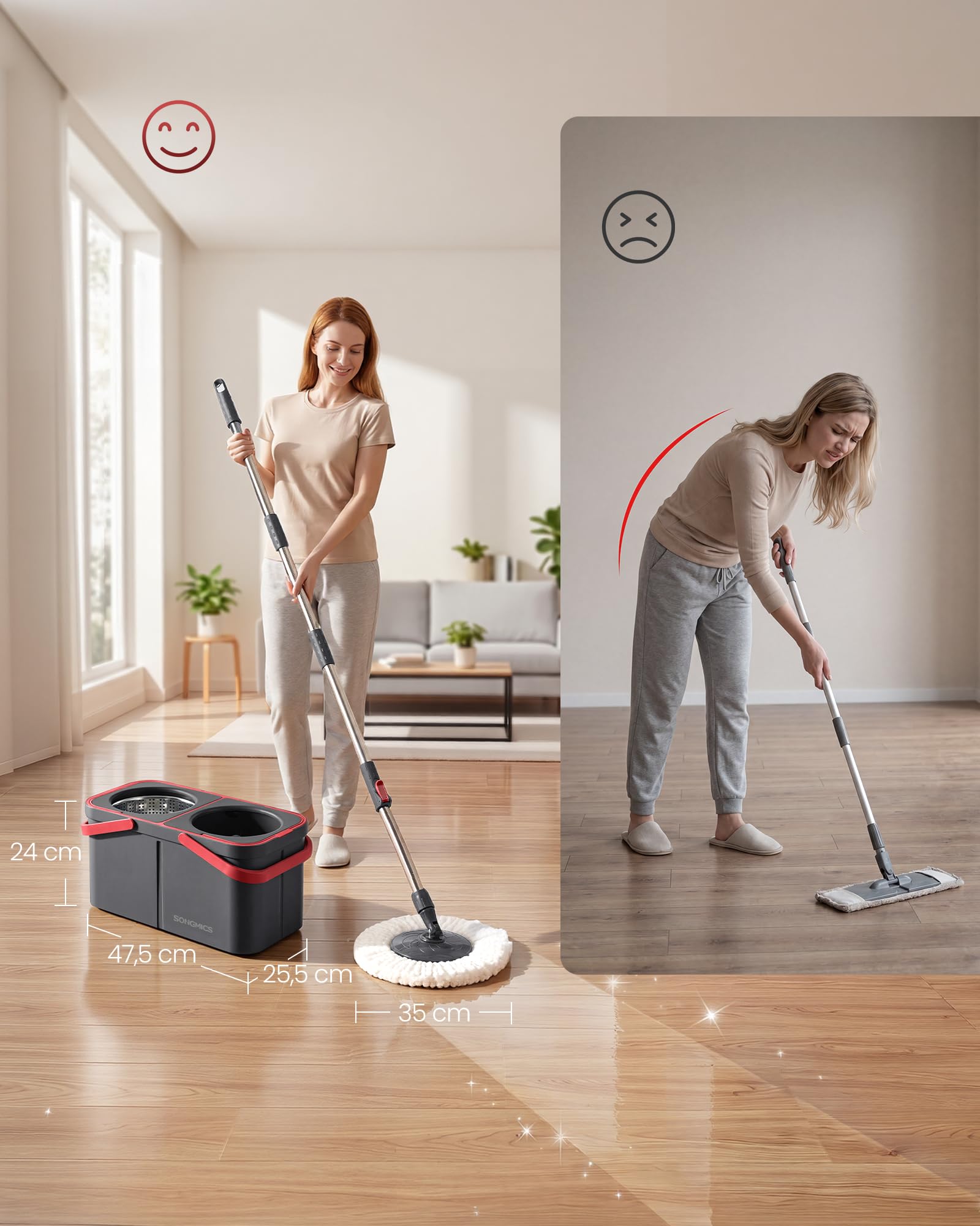 SONGMICS Mop Obrotowy z Wiadrem, 2 Nakładki z Mikrofibry, z Kółkami